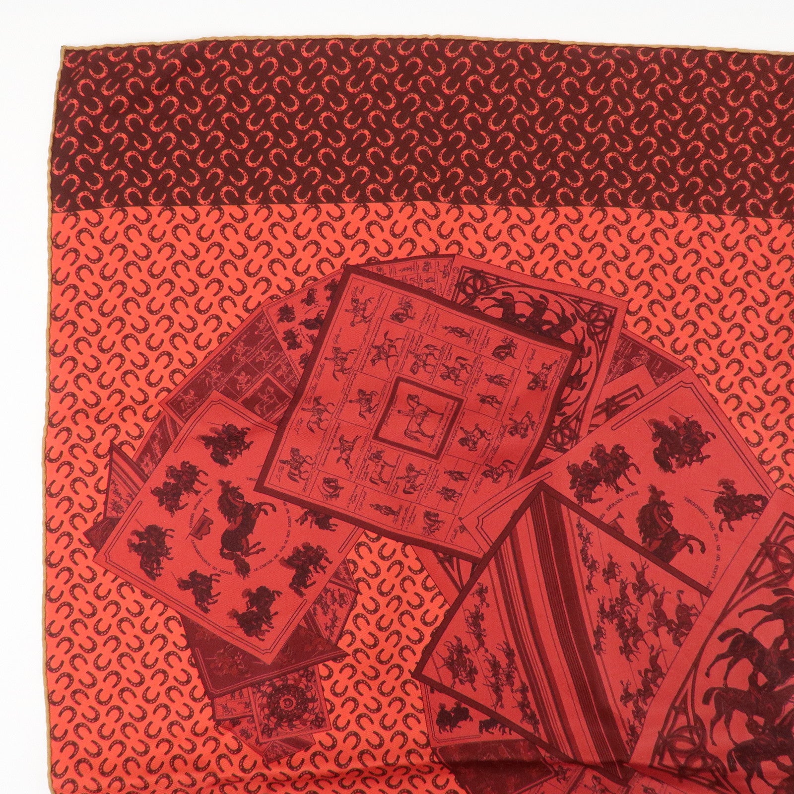 HERMES Carre 90 Silk 100% Scarf  Porte Bonheur Horse Pattern Red Used