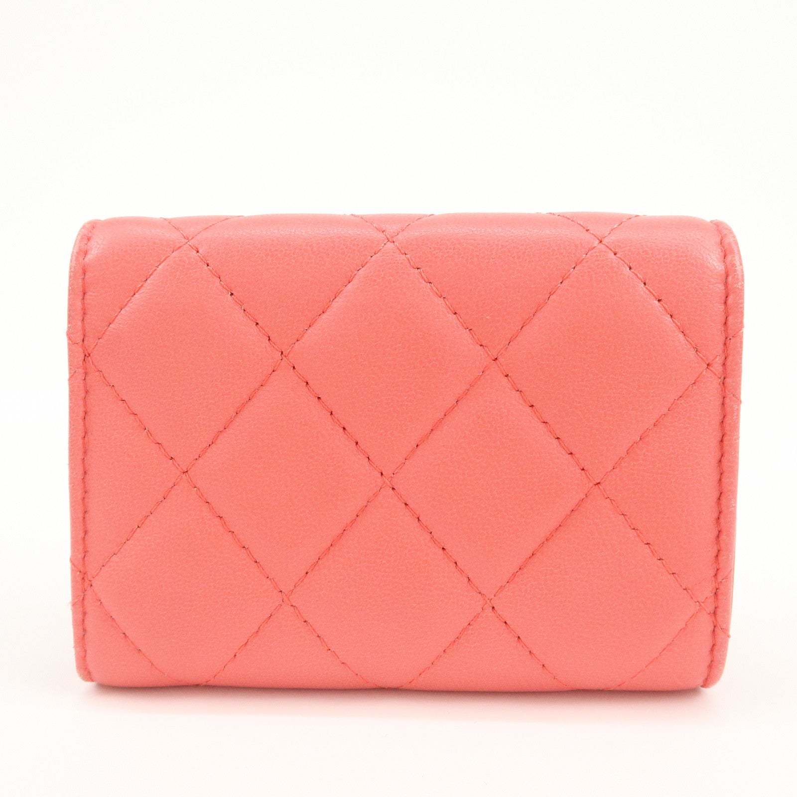 CHANEL Matelasse Lamb Skin Tri-fold Compact Wallet Coral AP0094