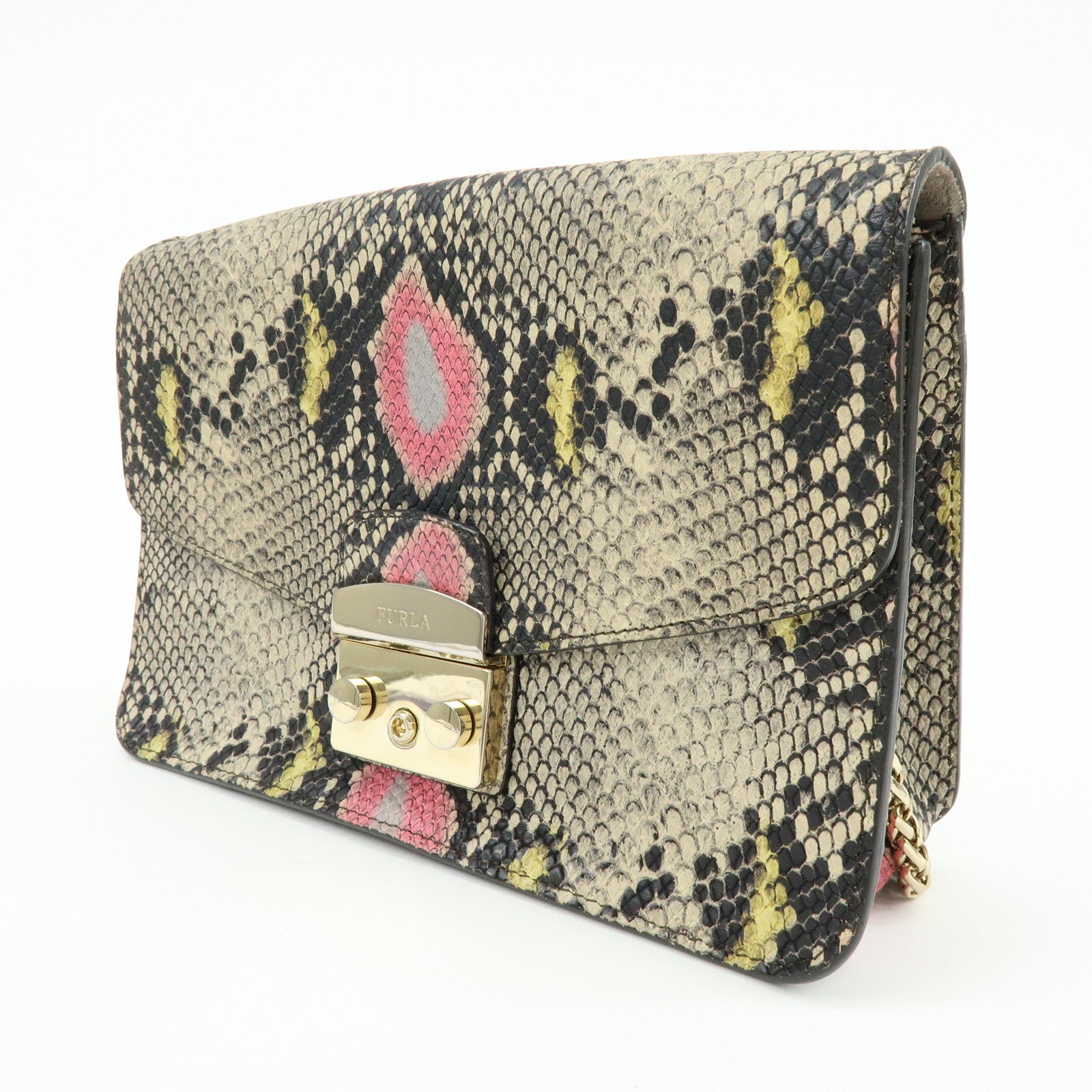 FURLA Metropolis Embossed Leather Chain Shoulder Bag Beige Pink