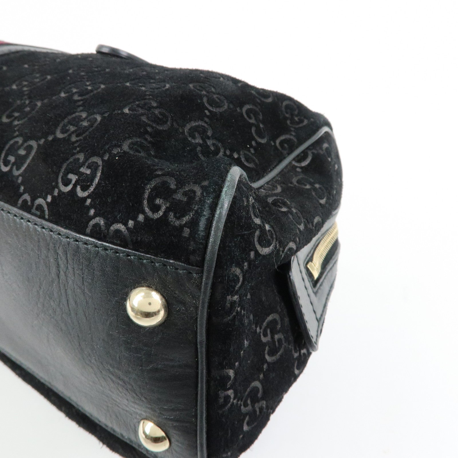 GUCCI GG Suede Leather Boston Bag Hand Bag Black Bordeaux 162739