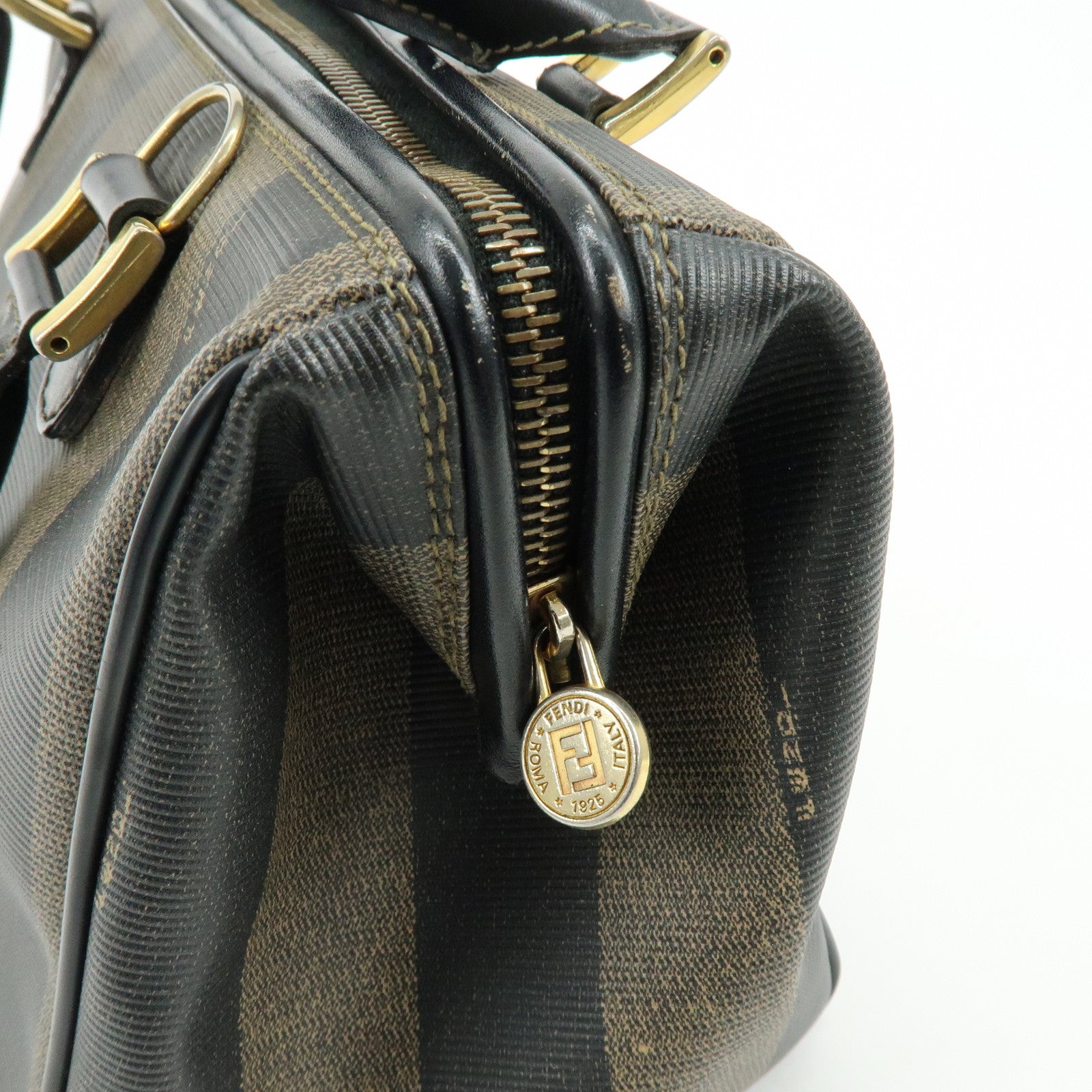 FENDI Pequin PVC Leather Boston Bag Hand Bag Black Brown