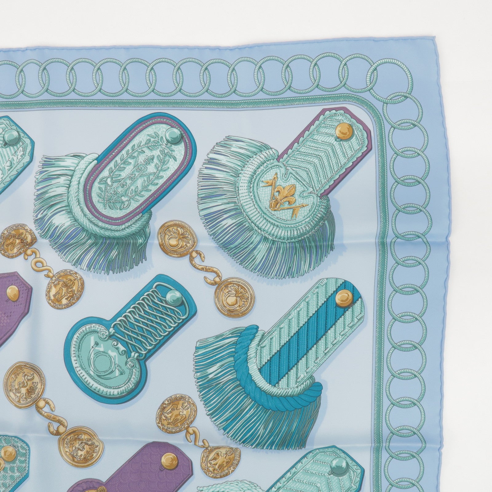 HERMES Carre 70 Silk 100% Scarf Epaulette Light Blue Light Green