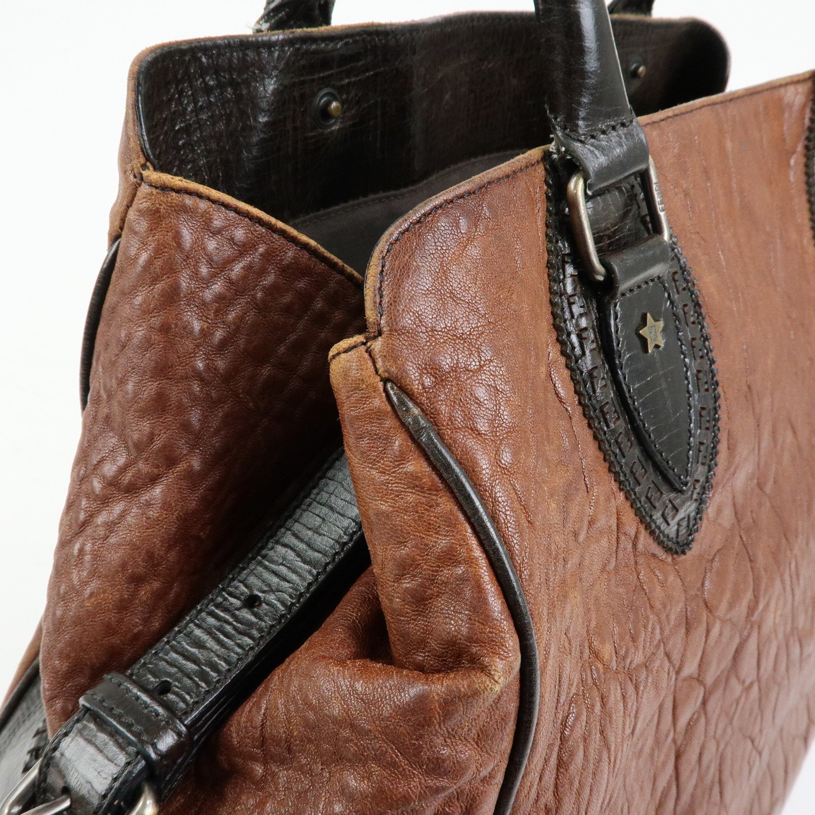 FENDI Etnico Leather Tote Bag Shoulder Bag Brown Black 8BN158