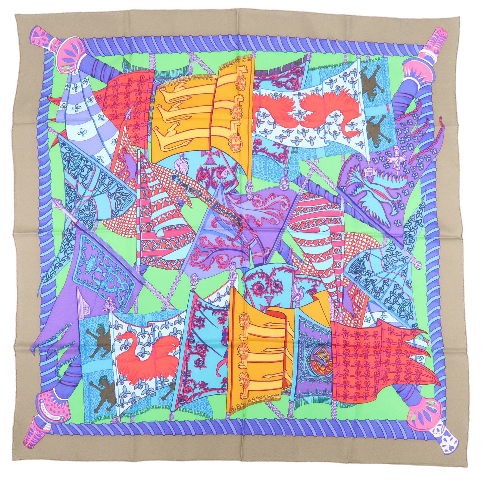 HERMES Carre 90 Silk 100% Etendards et Bonnieres Scarf Multi Color