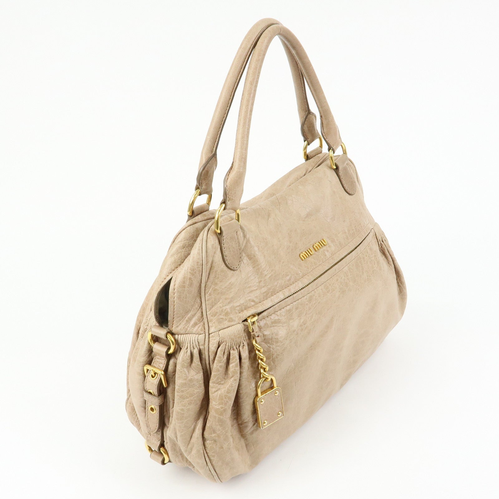 MIU MIU Leather 2Way Bag Hand Bag Shoulder Bag Beige