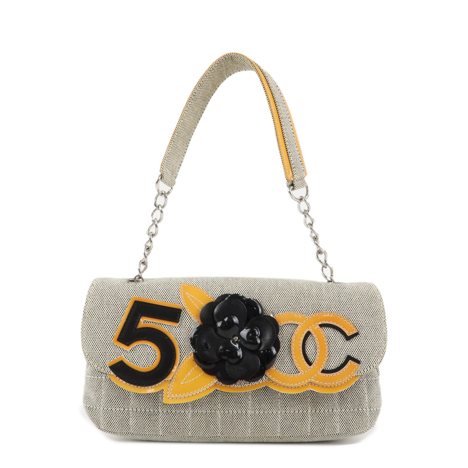 CHANEL COCO Mark Canvas Patent Leather Chain Shoulder Bag Grey Orange Used