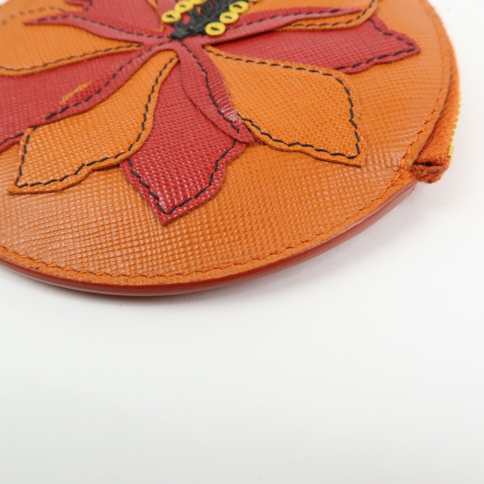 PRADA Saffiano Leather Flower Motif Round Coin Case Orange 1M1400