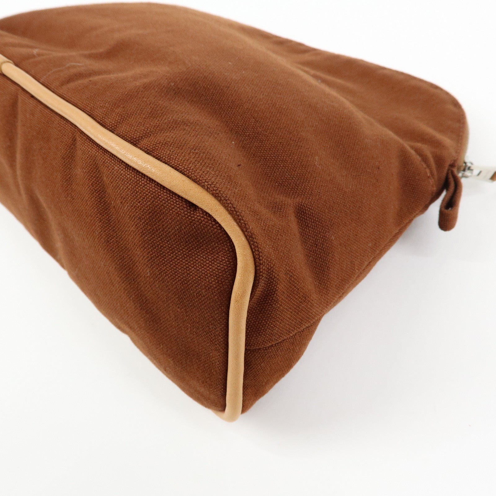 HERMES Bolide MM Cotton Leather Cosmetic Pouch Brown Beige