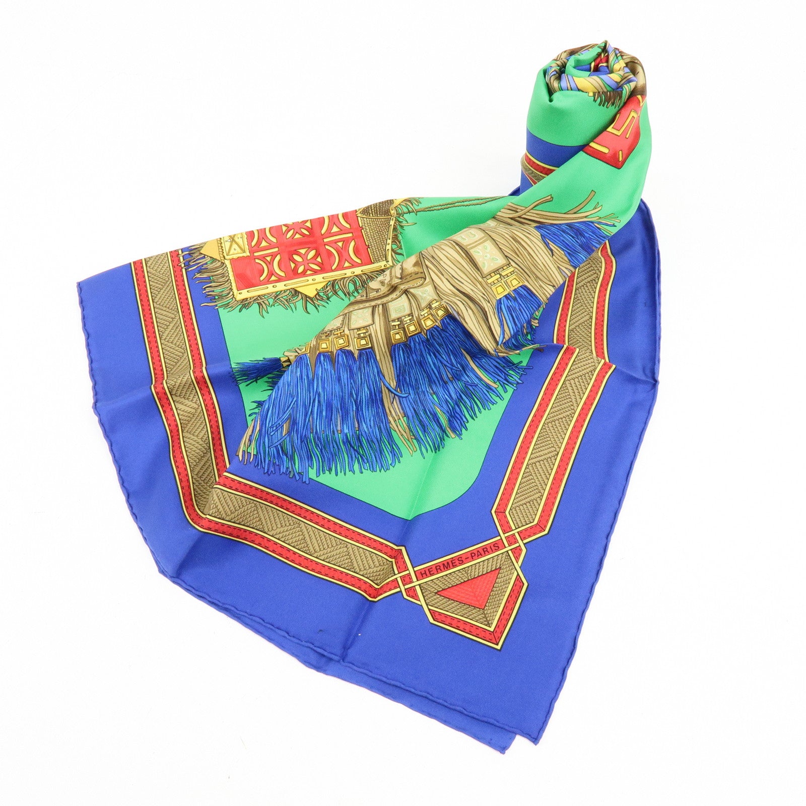 HERMES Carre 90 Silk 100% Scarf CUIRS DU DESERT Green Blue