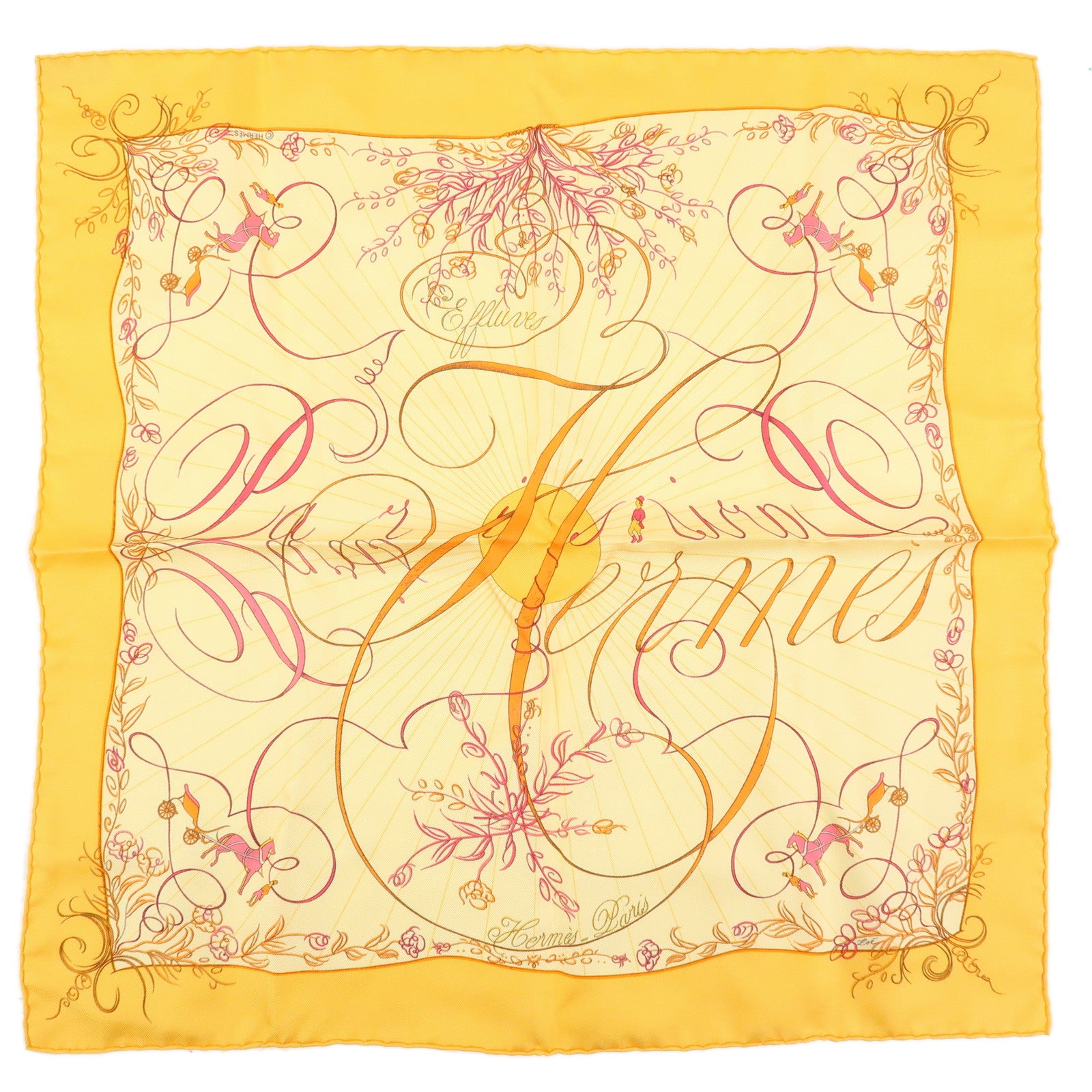HERMES Carre 42 Silk 100% Scarf EFFLUVES Ivy Print Orange