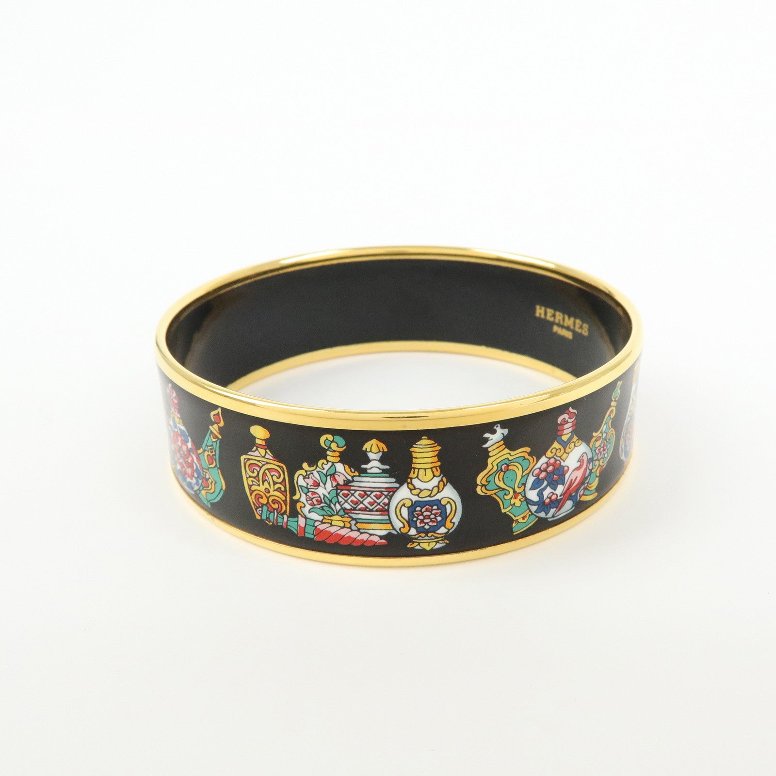 HERMES Email GM Gold Plated Bangle Bracelet Black Gold