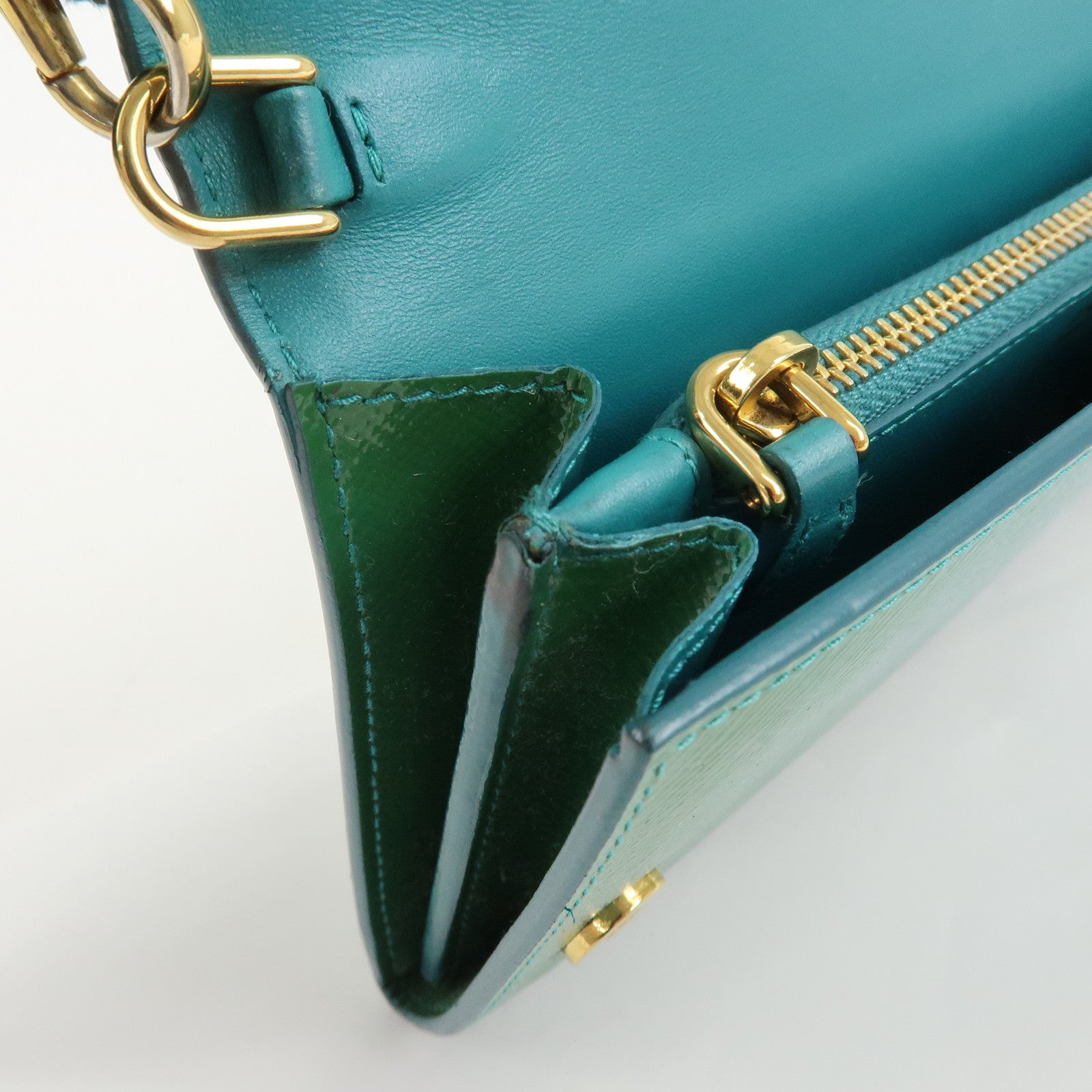 PRADA Triangle Logo Patent Leather Bi-Fold Long Wallet Green