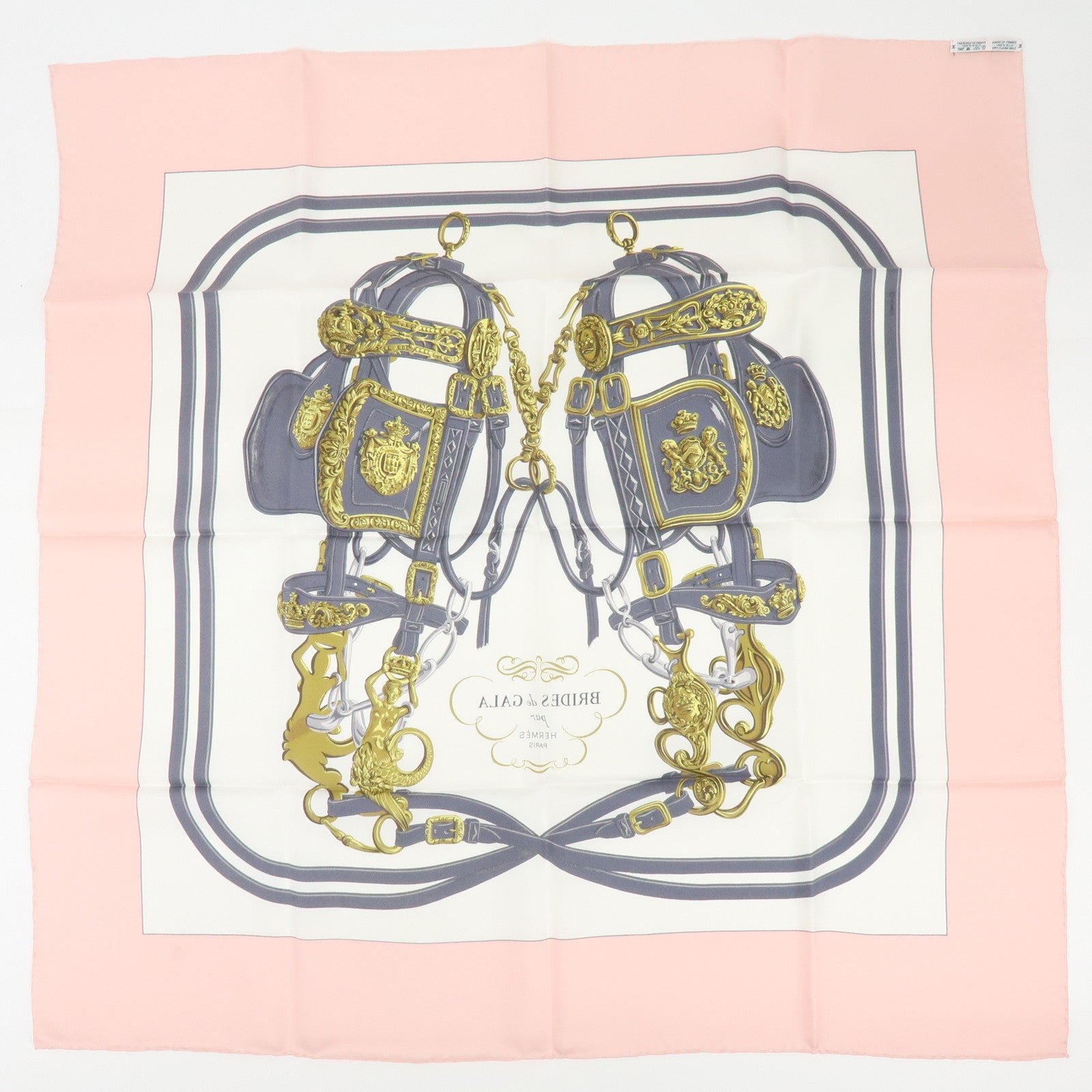 HERMES Carre 90 Silk 100% Scarf BRIDES DE GALA Light Pink Gray Gold