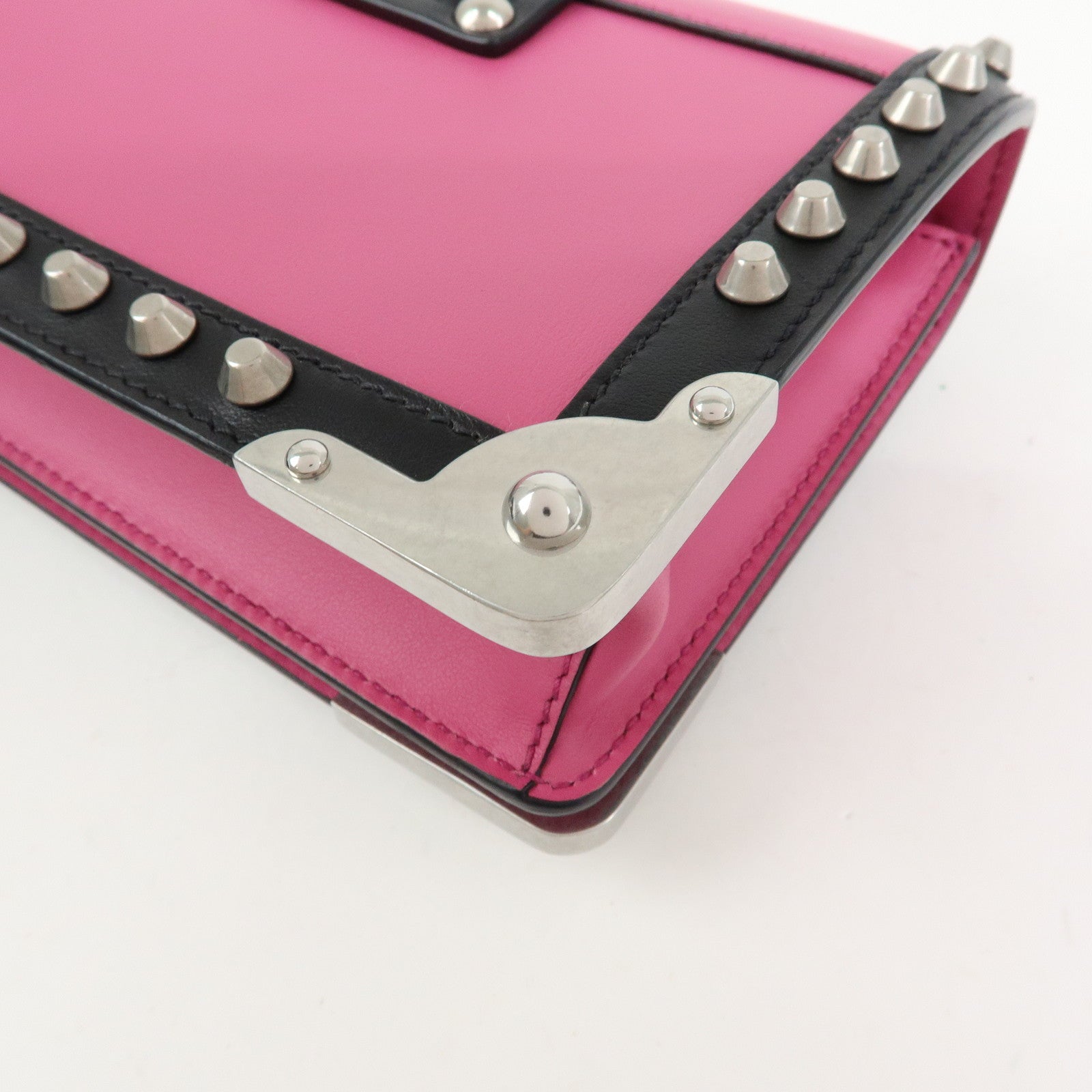 PRADA Cahier Calf Leather Studs Shoulder Bag Pink Black 1BH018