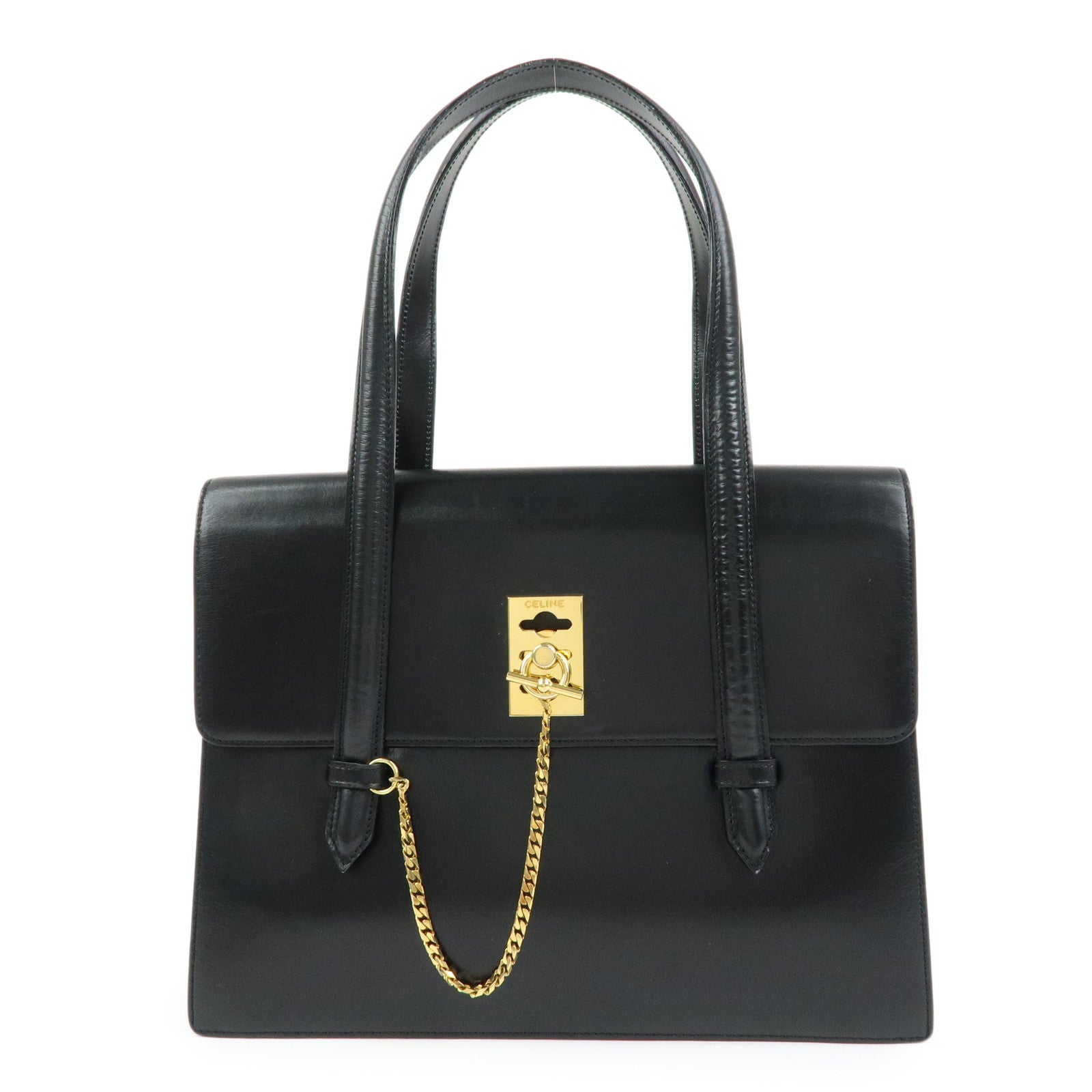CELINE Leather Chain Lock Tote Bag Shoulder Bag Hand Bag Black
