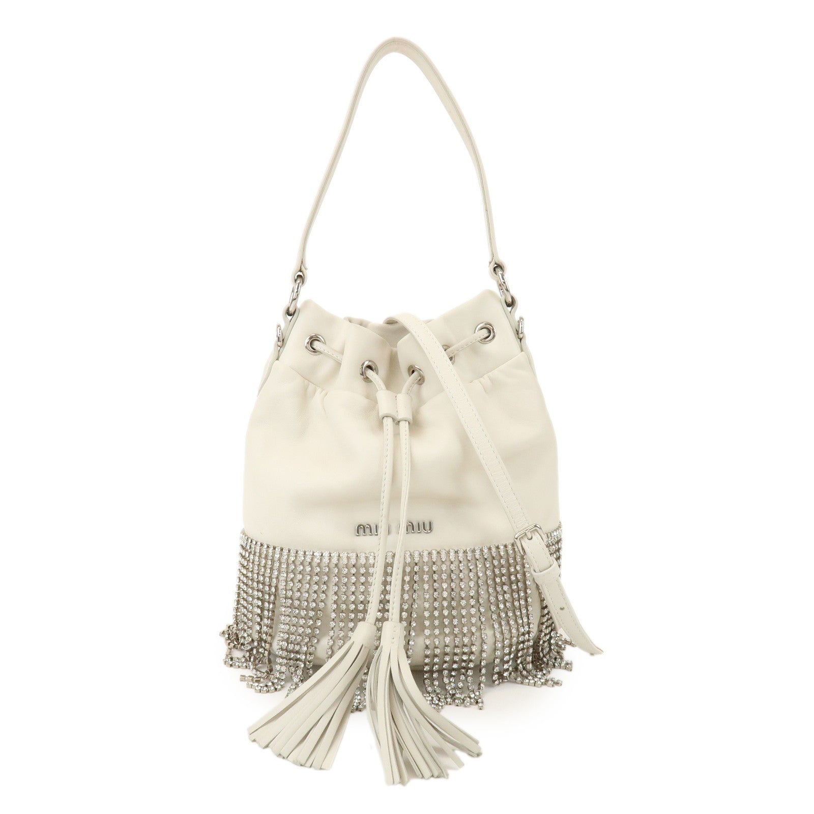 MIU MIU Logo Nappa Leather Strass Fringe 2Way Bag White 5BE014