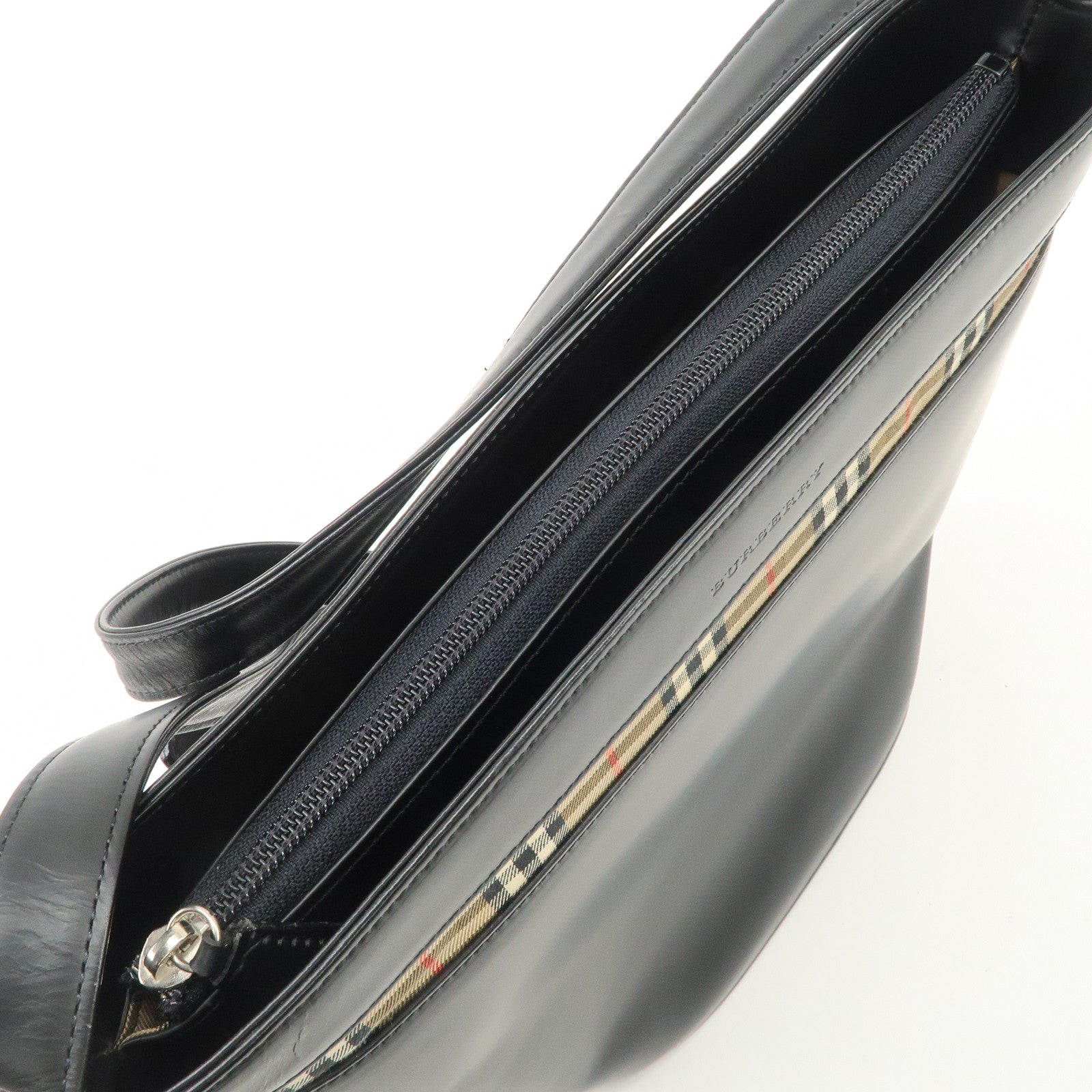 BURBERRY Burberrys Leather Shoulder Bag Black Silver Hardware Used