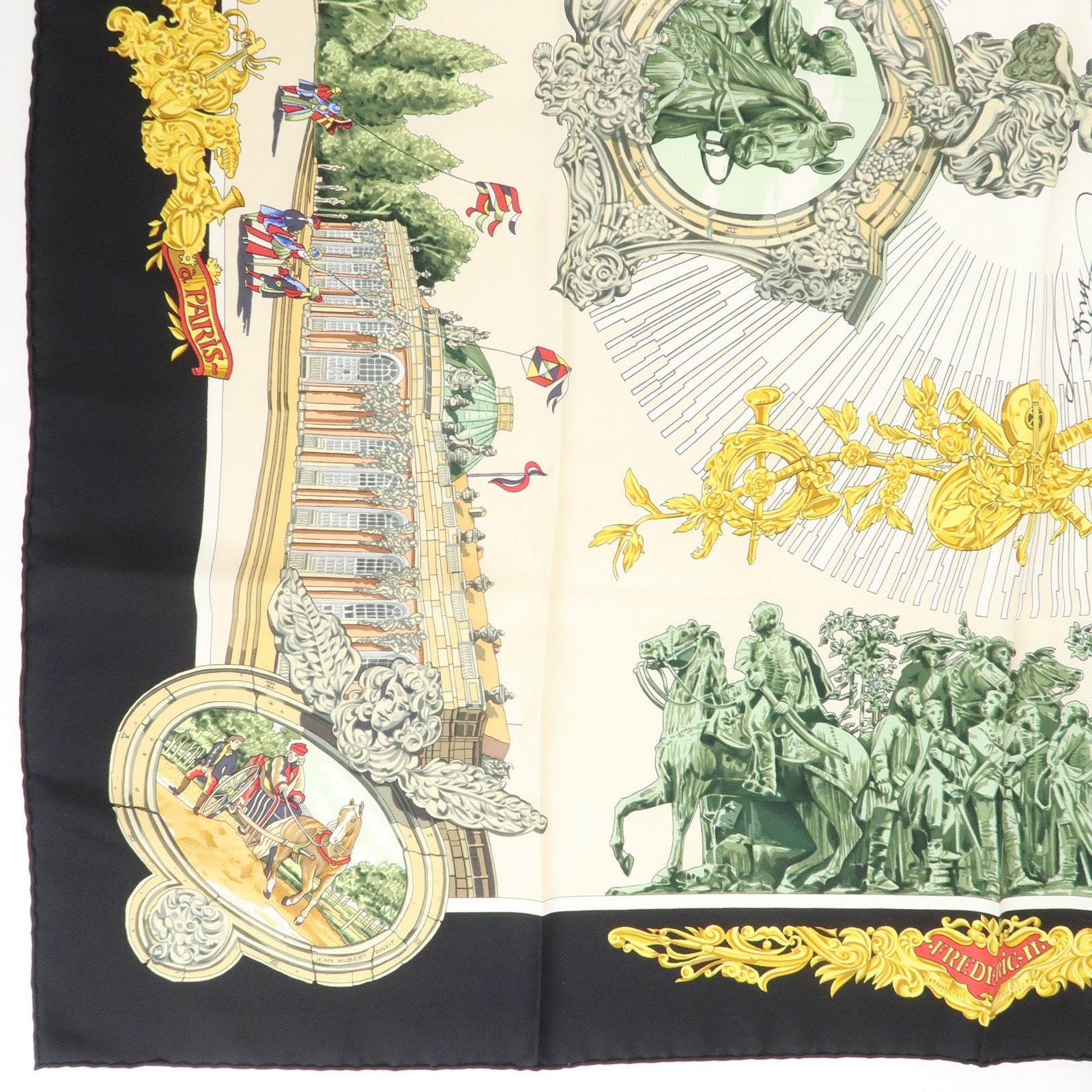 HERMES Carre 90 Silk 100% Scarf SANSSOUCY Gold Back Ivory Used