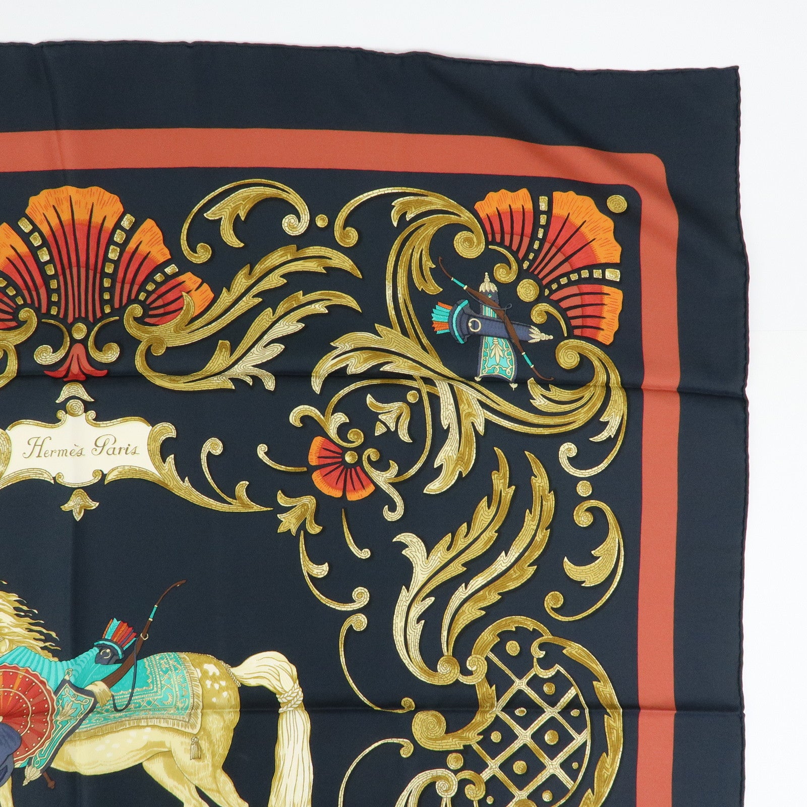 HERMES Carre 90 Silk 100% Scarf Cheval Jurc Blaqck Brown Red