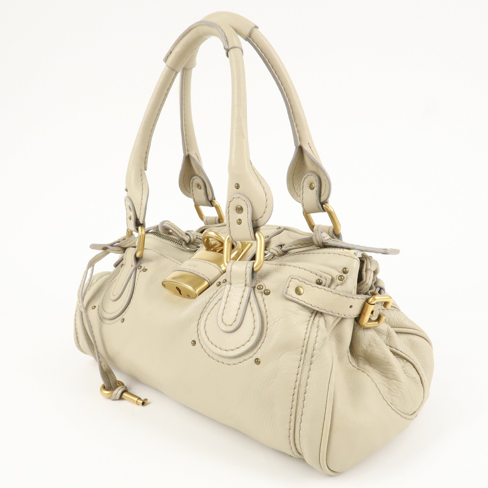 Chloe Paddington Leather Medium Hand Bag Shoulder Bag Beige Used