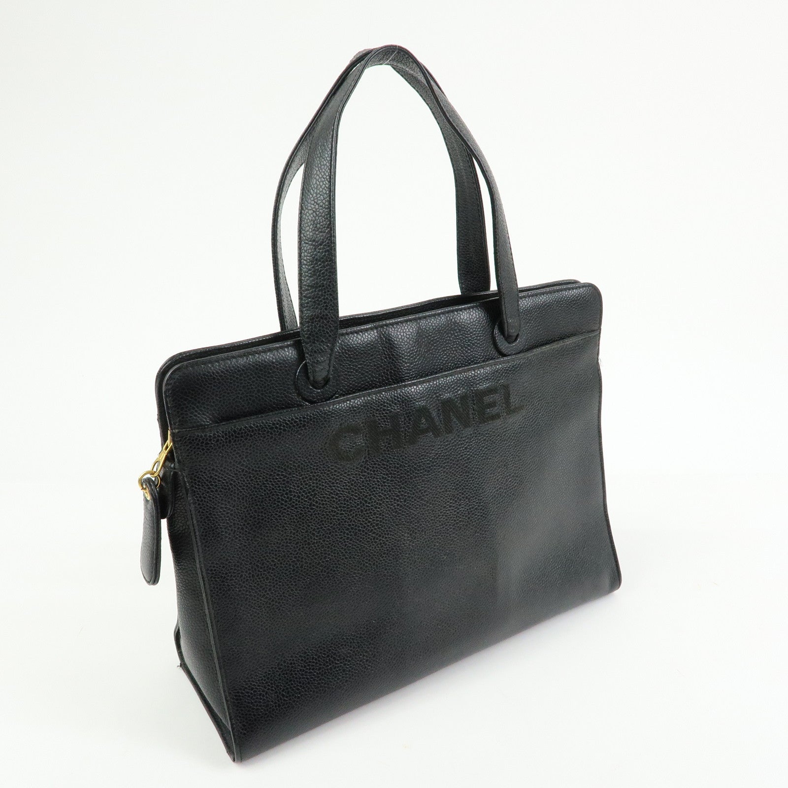 CHANEL Logo Caviarskin Tote Bag Hand Bag Black