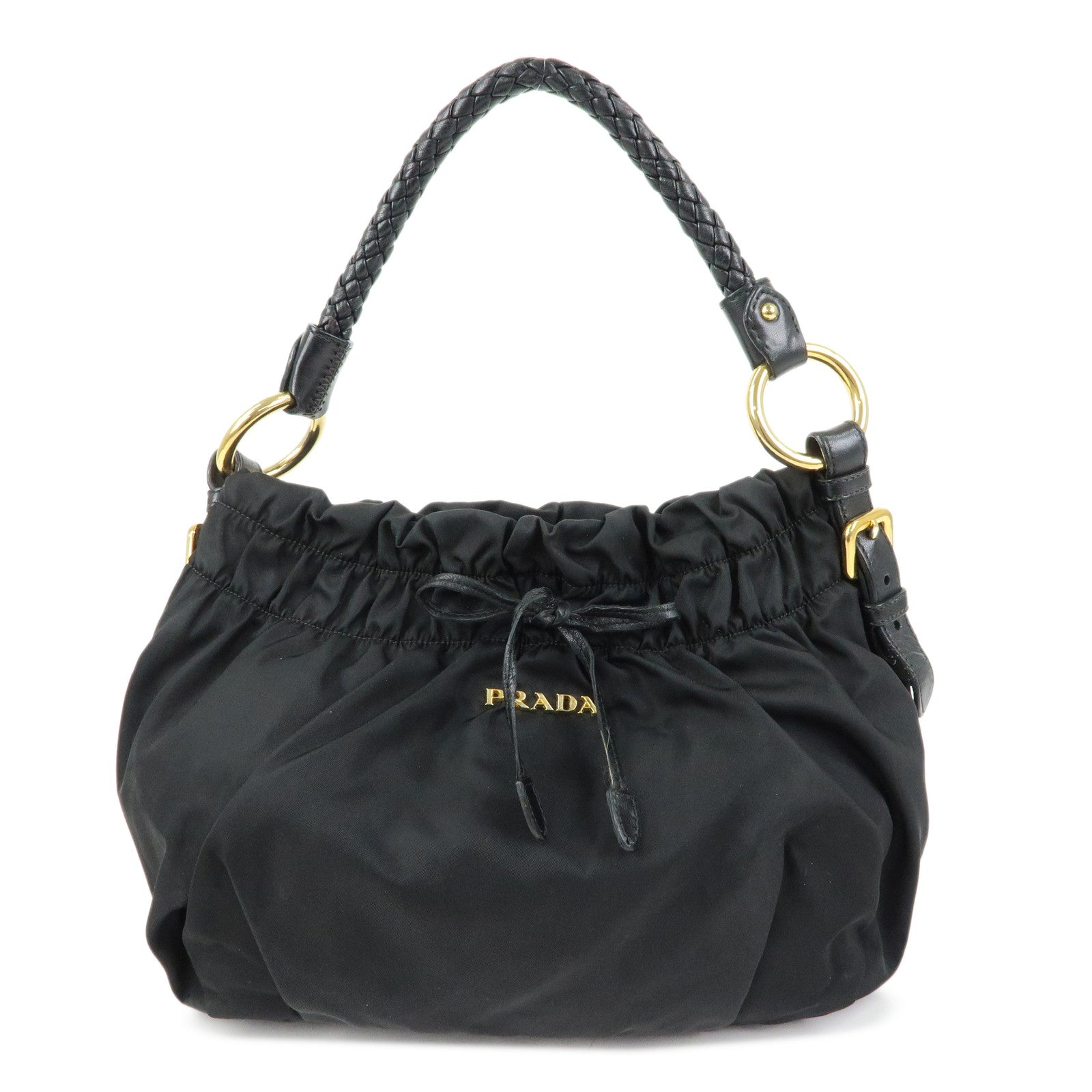 PRADA Ribbon Nylon Leather Shoulder Bag Hand Bag Black