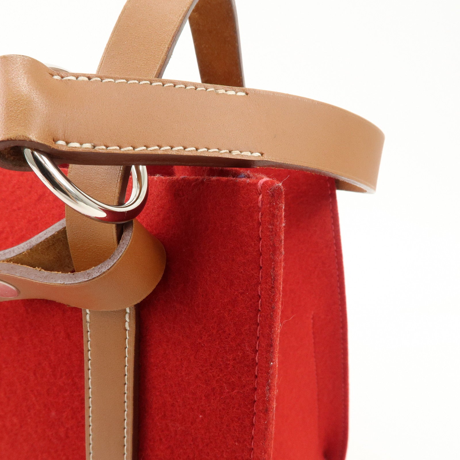 HERMES Leather Felt Cabalicol P Stamped Shoulder Bag Beige Red Used