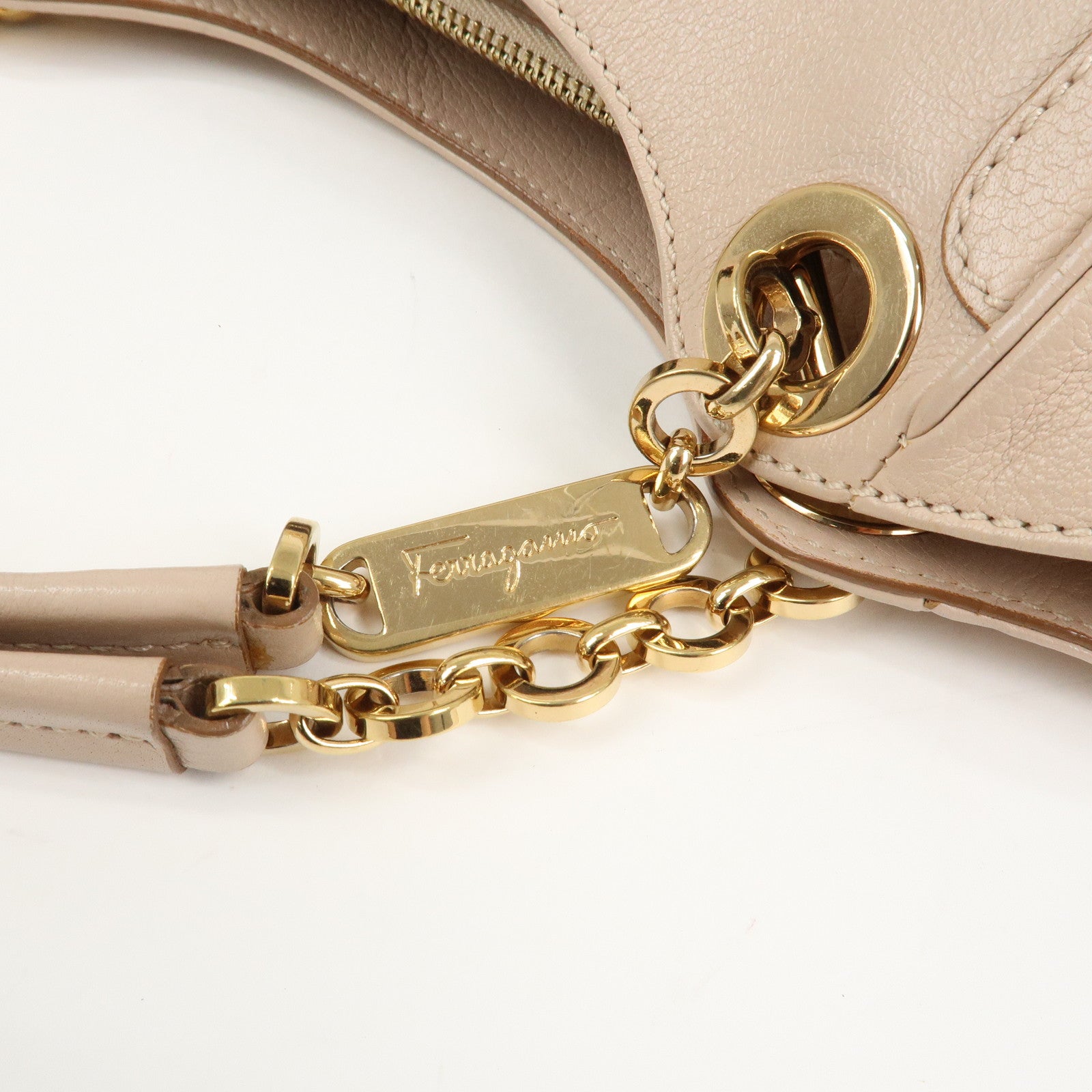 Ferragamo Leather Shoulder Bag Hand Bag Pink Beige Gold