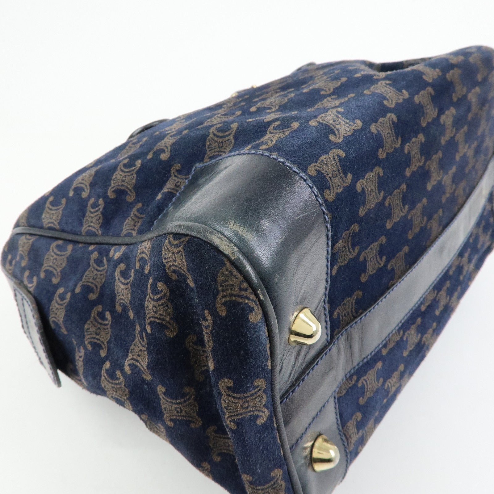 CELINE Macadam Leather Suede Hand Bag Boston Bag Navy