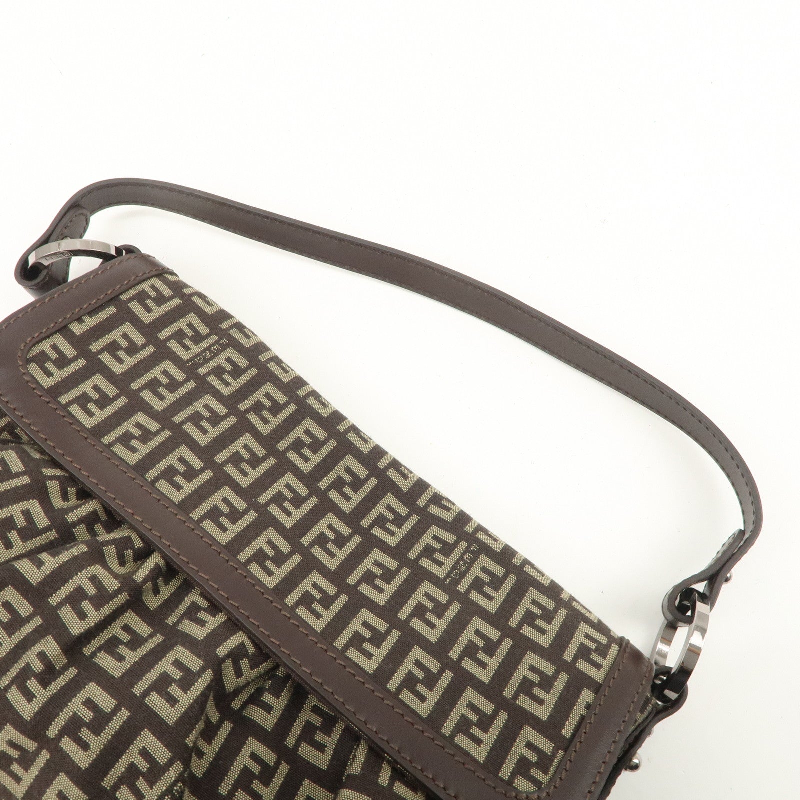 FENDI Zucchino Shoulder Bag Hand Bag Brown Silver 8BR353