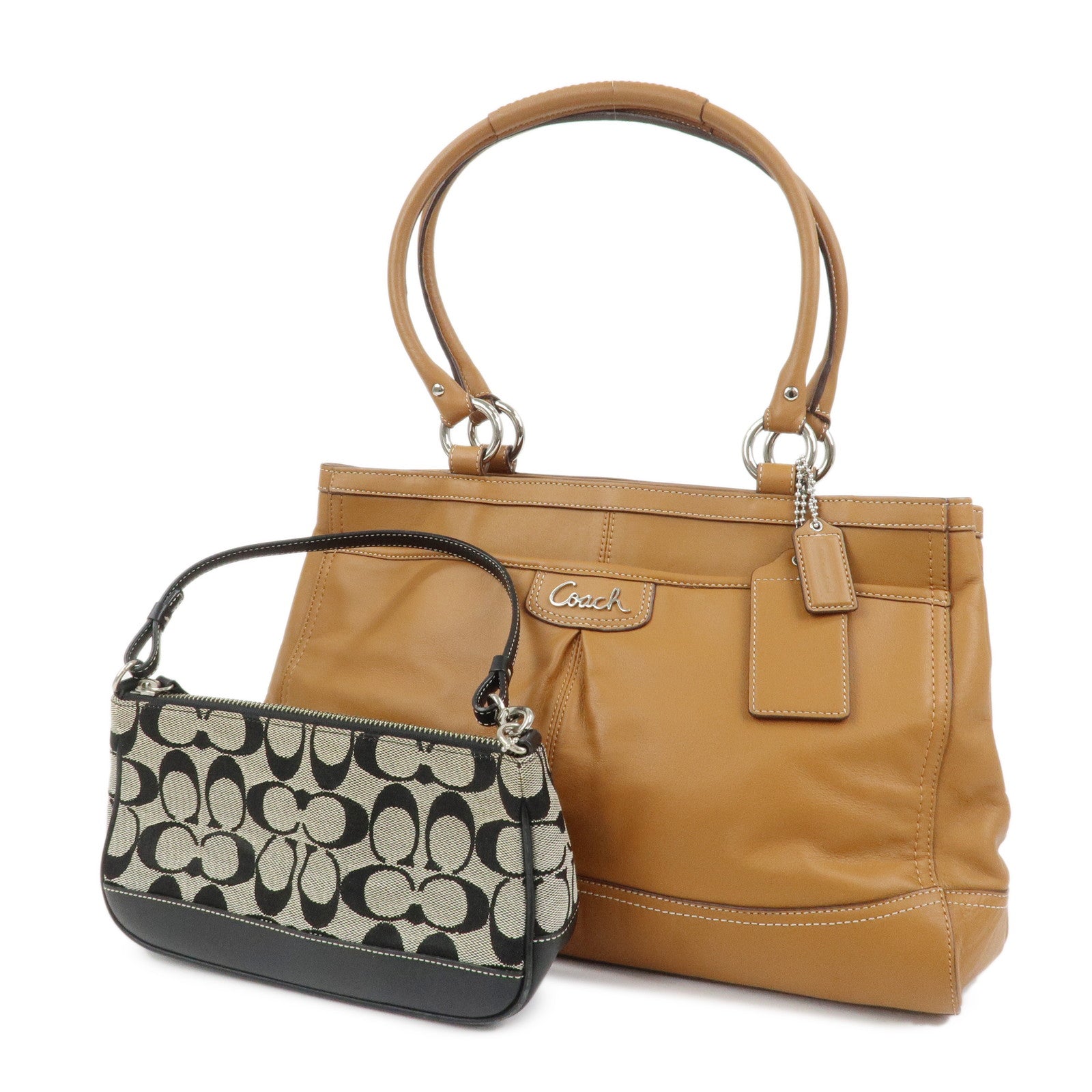 COACH Signature Canvas Leather Set of 2 Hand Bag Black Brown