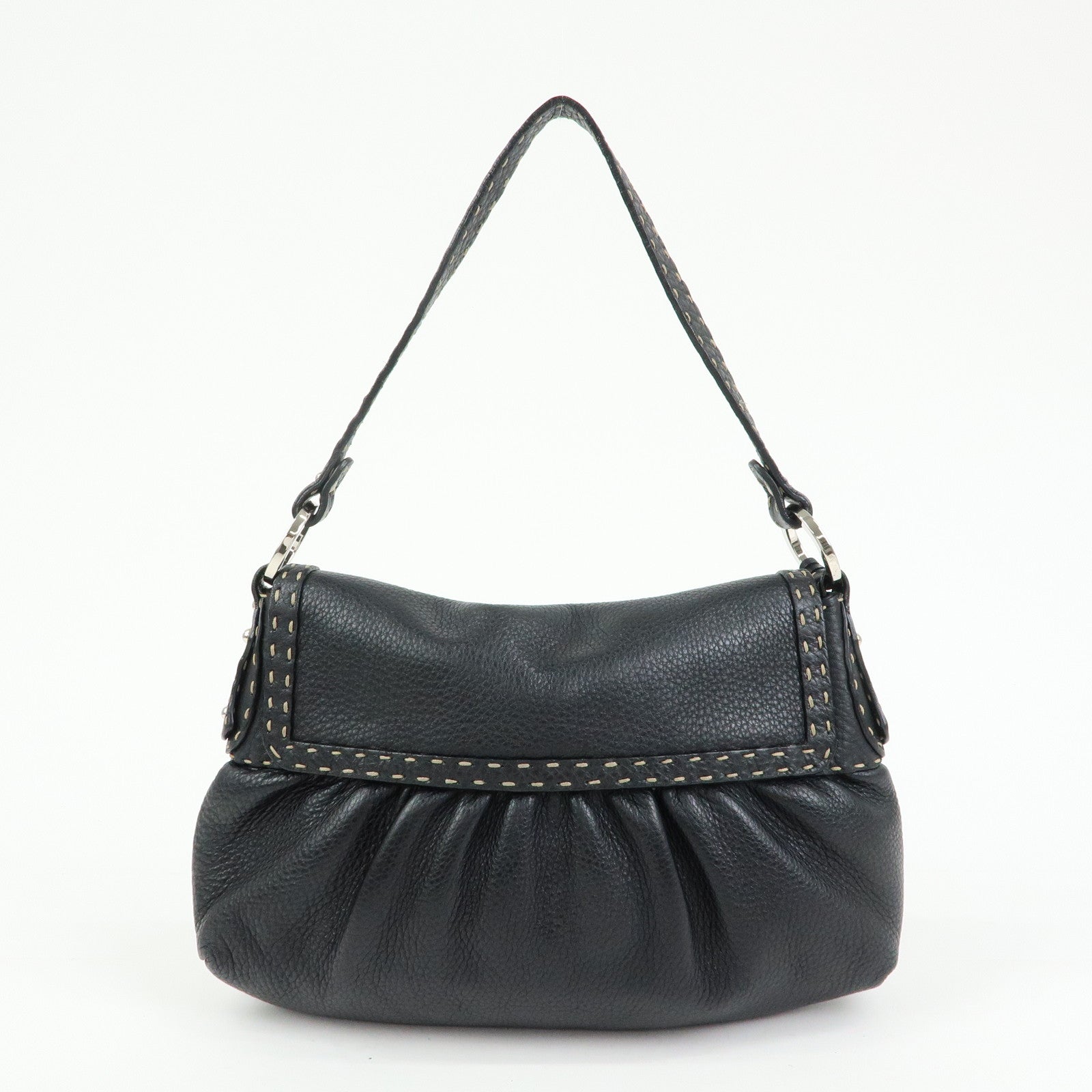 FENDI Selleria Leather Shoulder Bag Hand Bag Black 8BR356