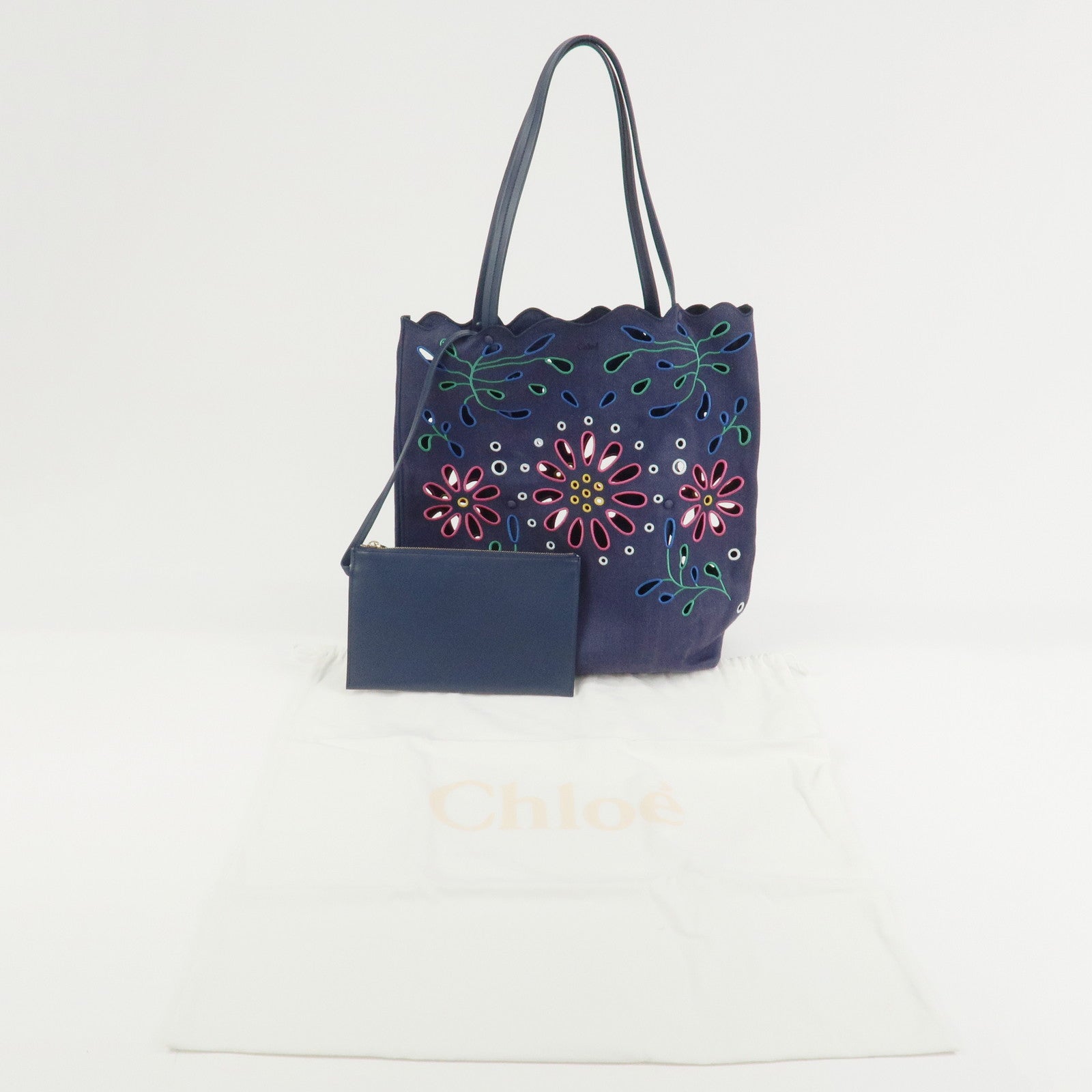 Chloe Kamilla Canvas Leather Tote Bag Shoulder Bag Navy Multicolor