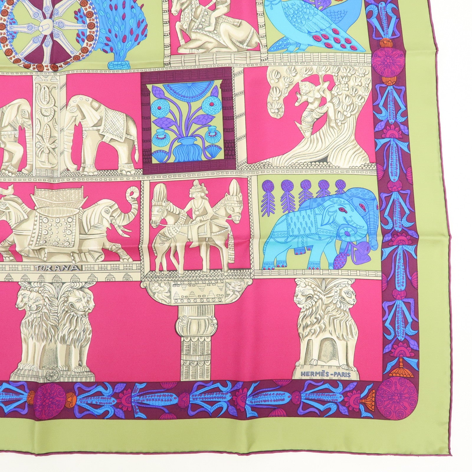 HERMES Carre 90 Silk 100% Scarf TORANA Pink Blue Green Used