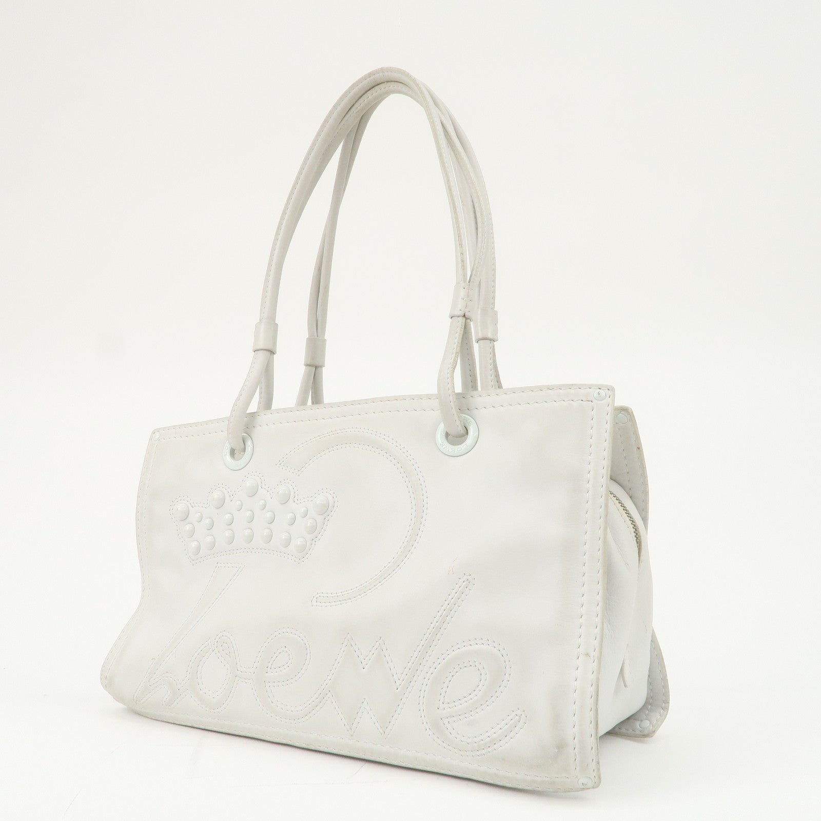 LOEWE Anagram Logo Leather Shopper Tote Bag Shoulder Bag White