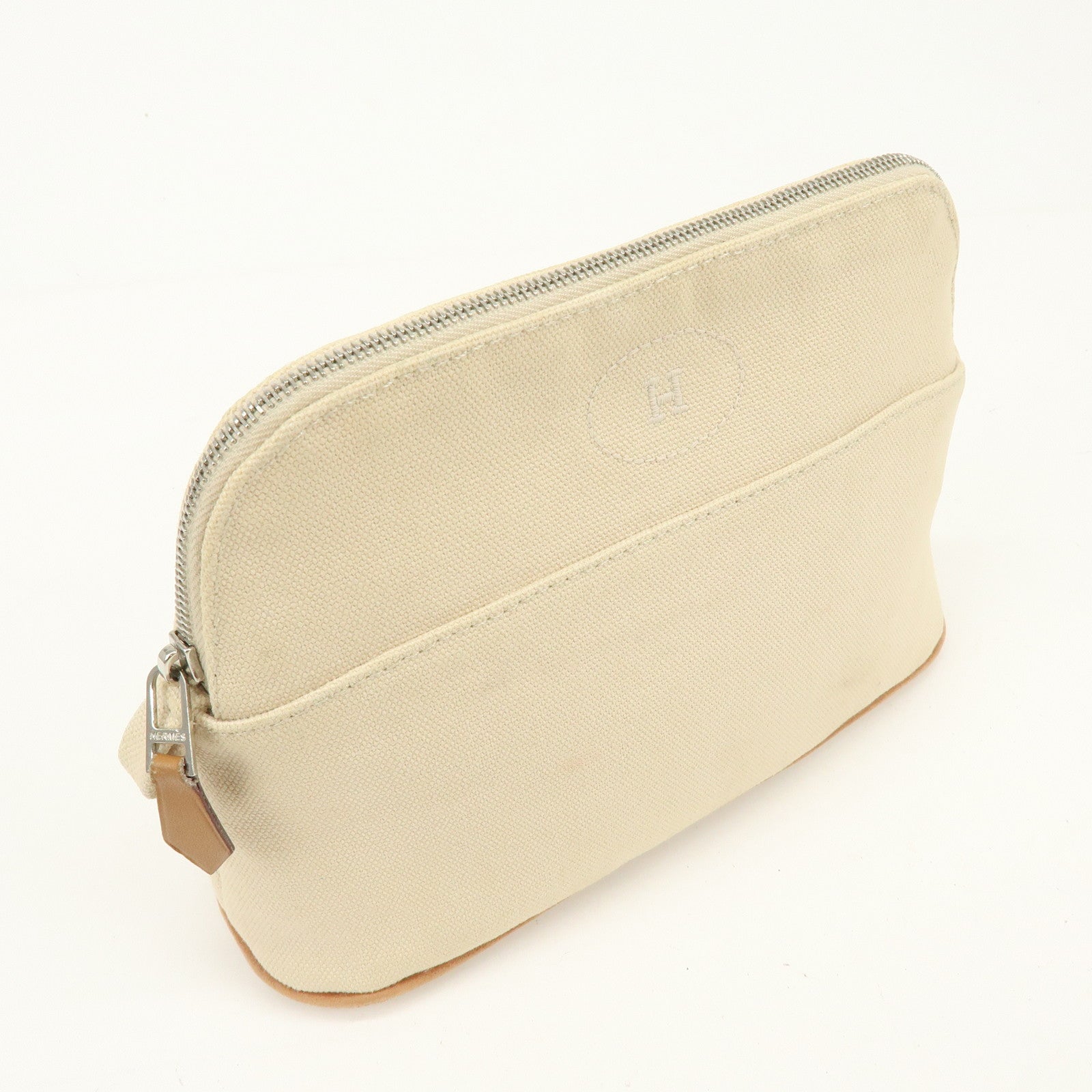 HERMES Bolide Mini Cotton Leather Pouch Cosmetic Case Ivory Beige