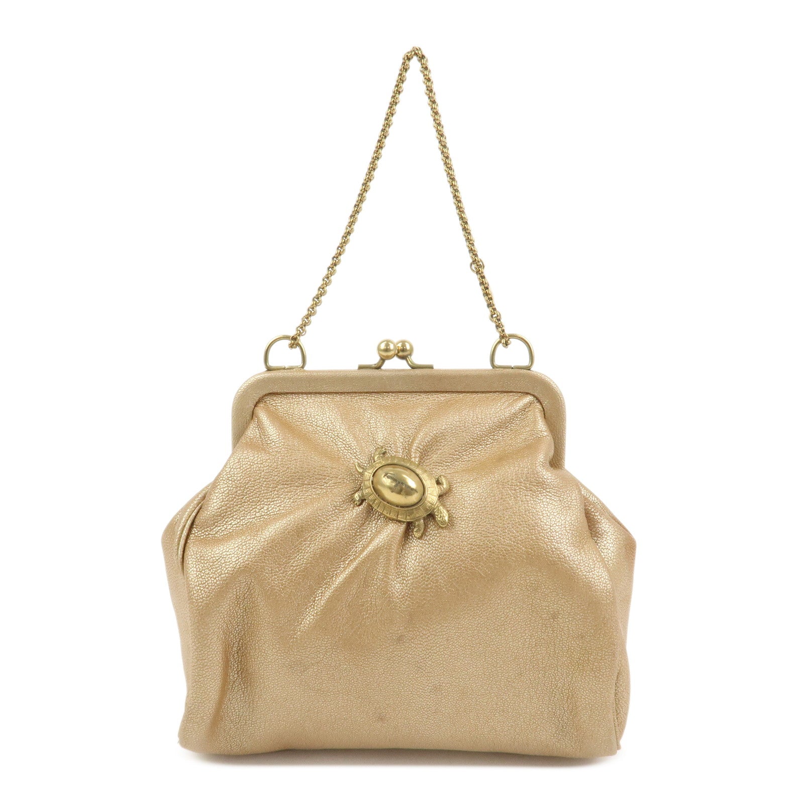 Ferragamo Leather Turtle Motif Chain Hand Bag Metallic Pink Beige