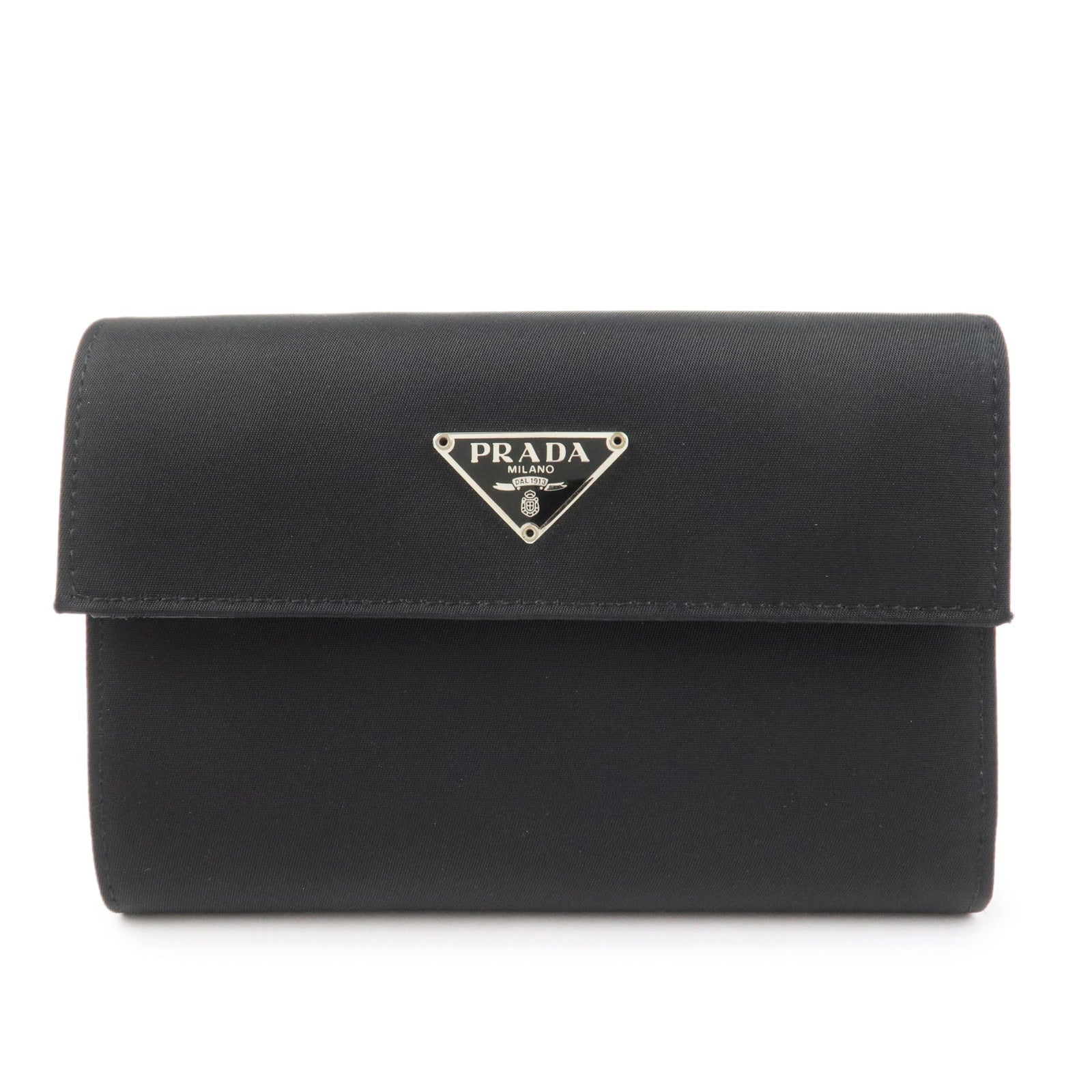 PRADA Triangle Logo Nylon Saffiano Leather Compact Wallet Black