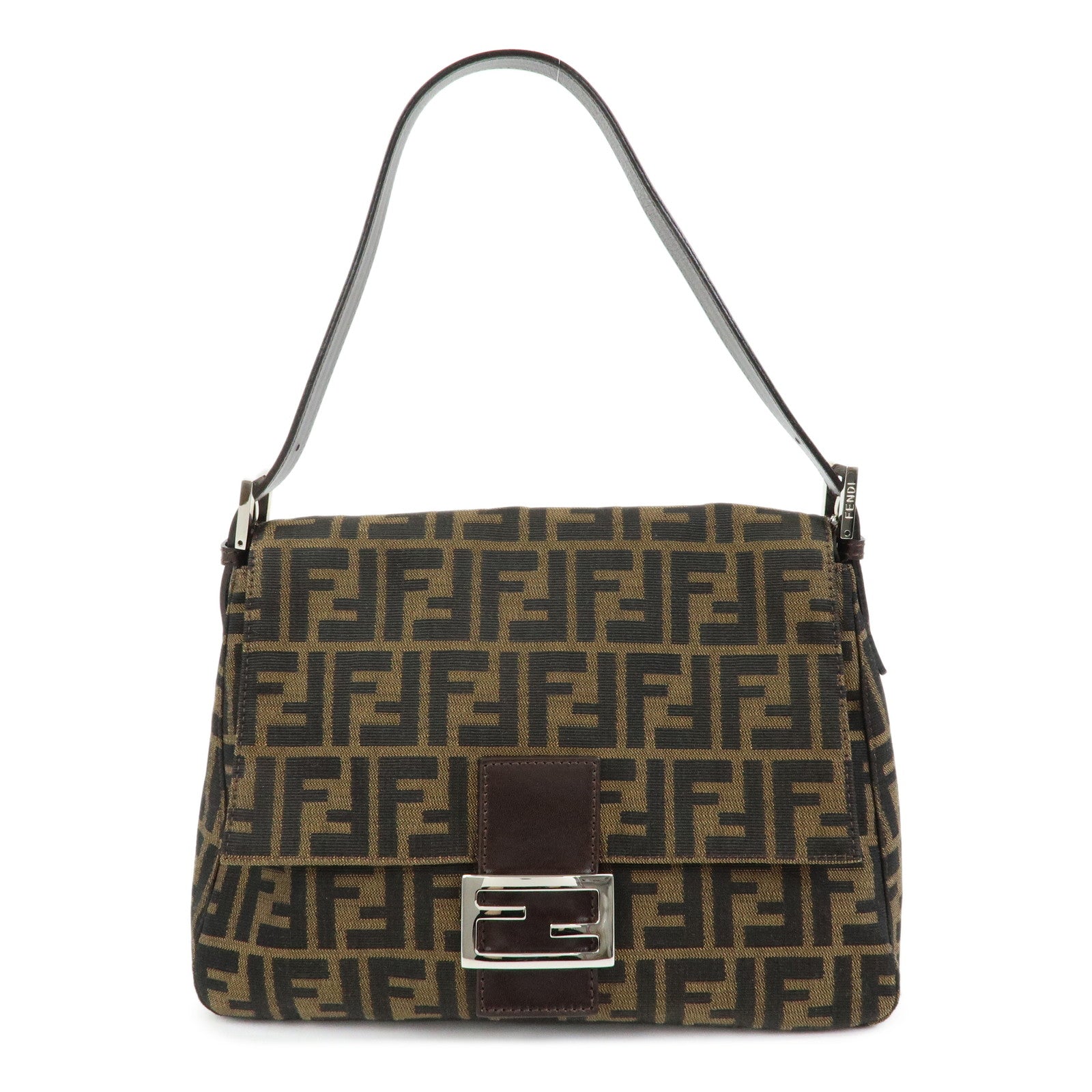FENDI Mamma Baguette Zucca Canvas Leather Shoulder Bag Brown 26325