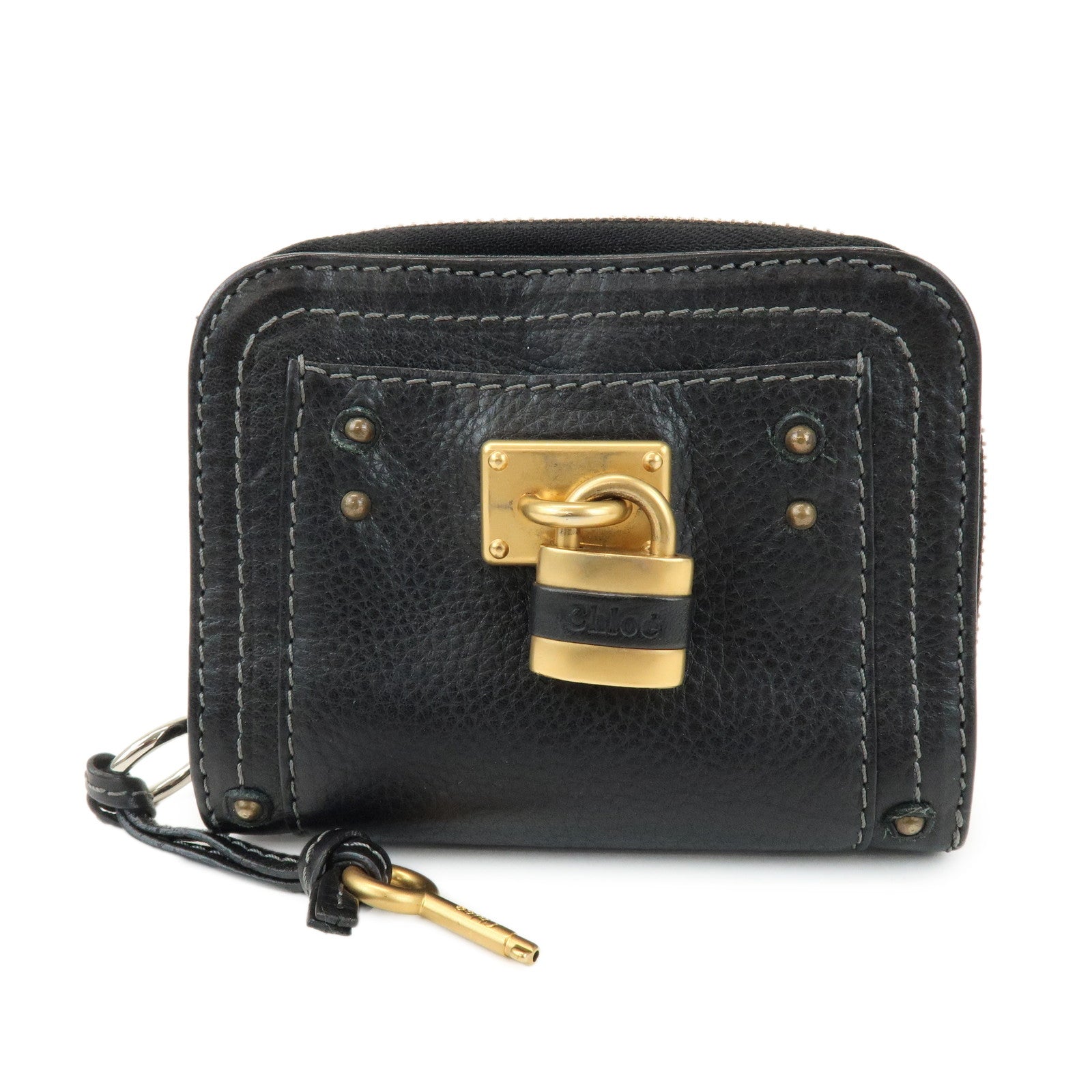Chloe Logo Leather Round Zippy Compact Wallet Black