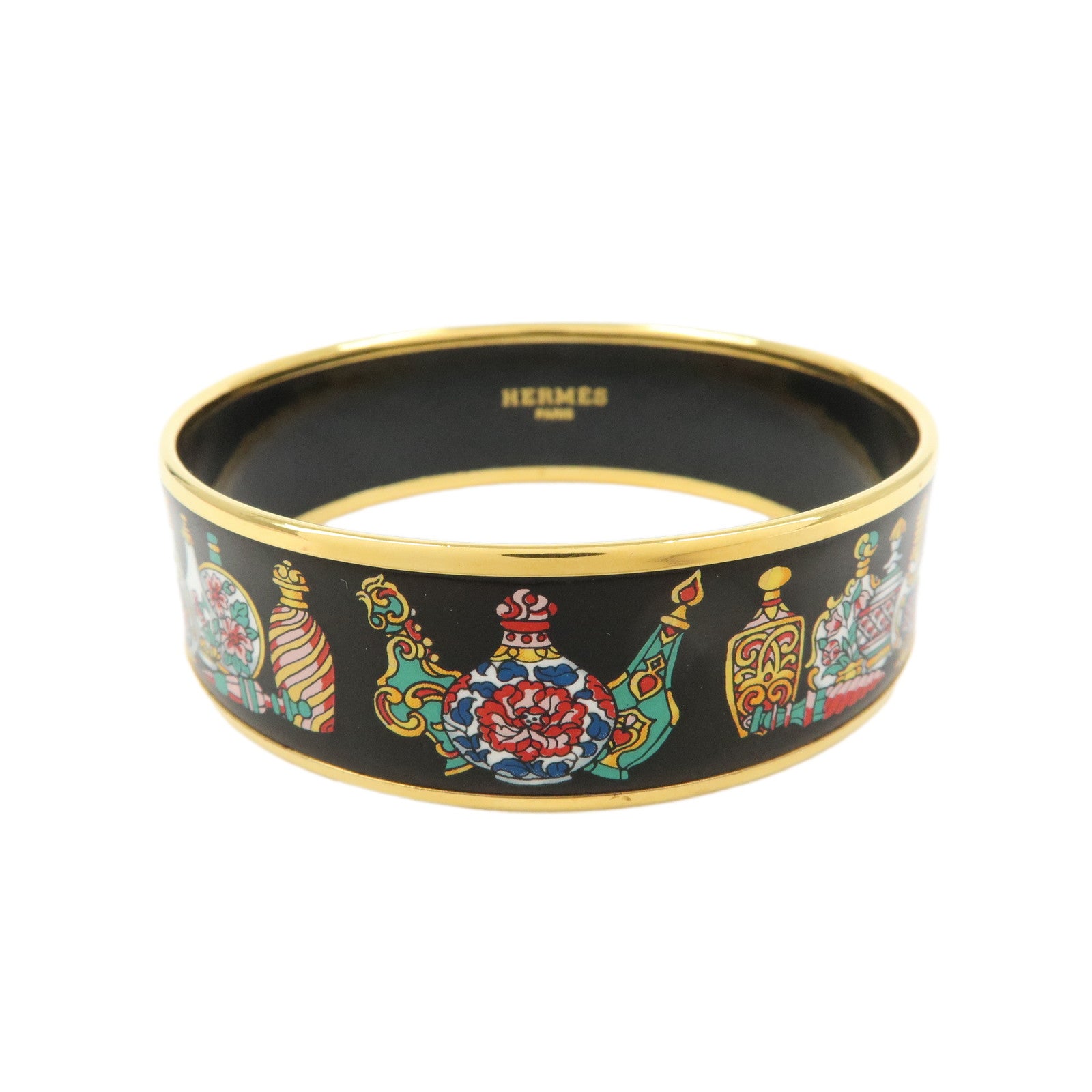HERMES Email GM Gold Plated Bangle Bracelet Black Gold