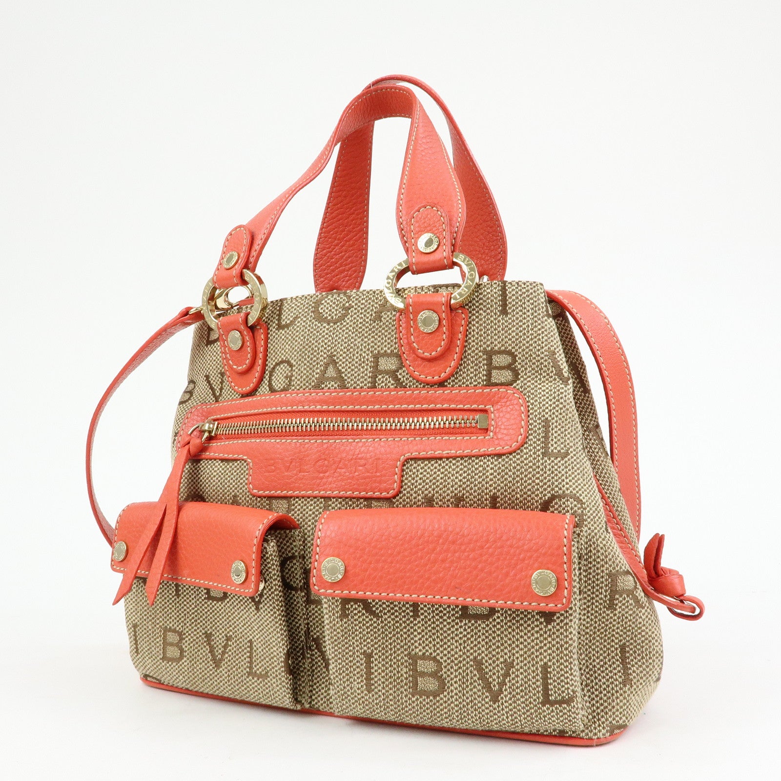 BVLGARI Logomania Canvas Leather 2Way Hand Shoulder Bag Brown Coral