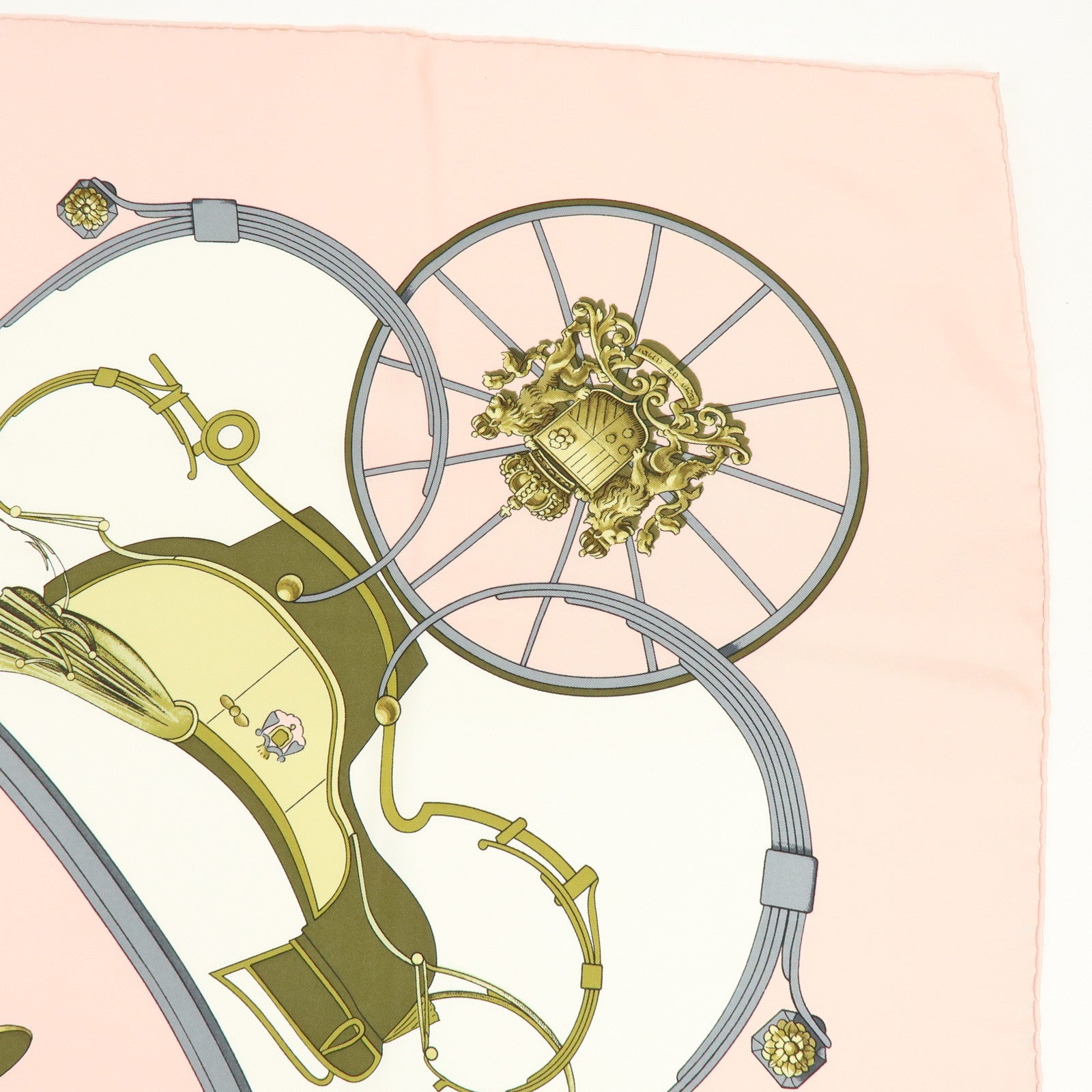 HERMES Carre 90 Silk 100% Scarf SPRINGS Carriage Print Pink White