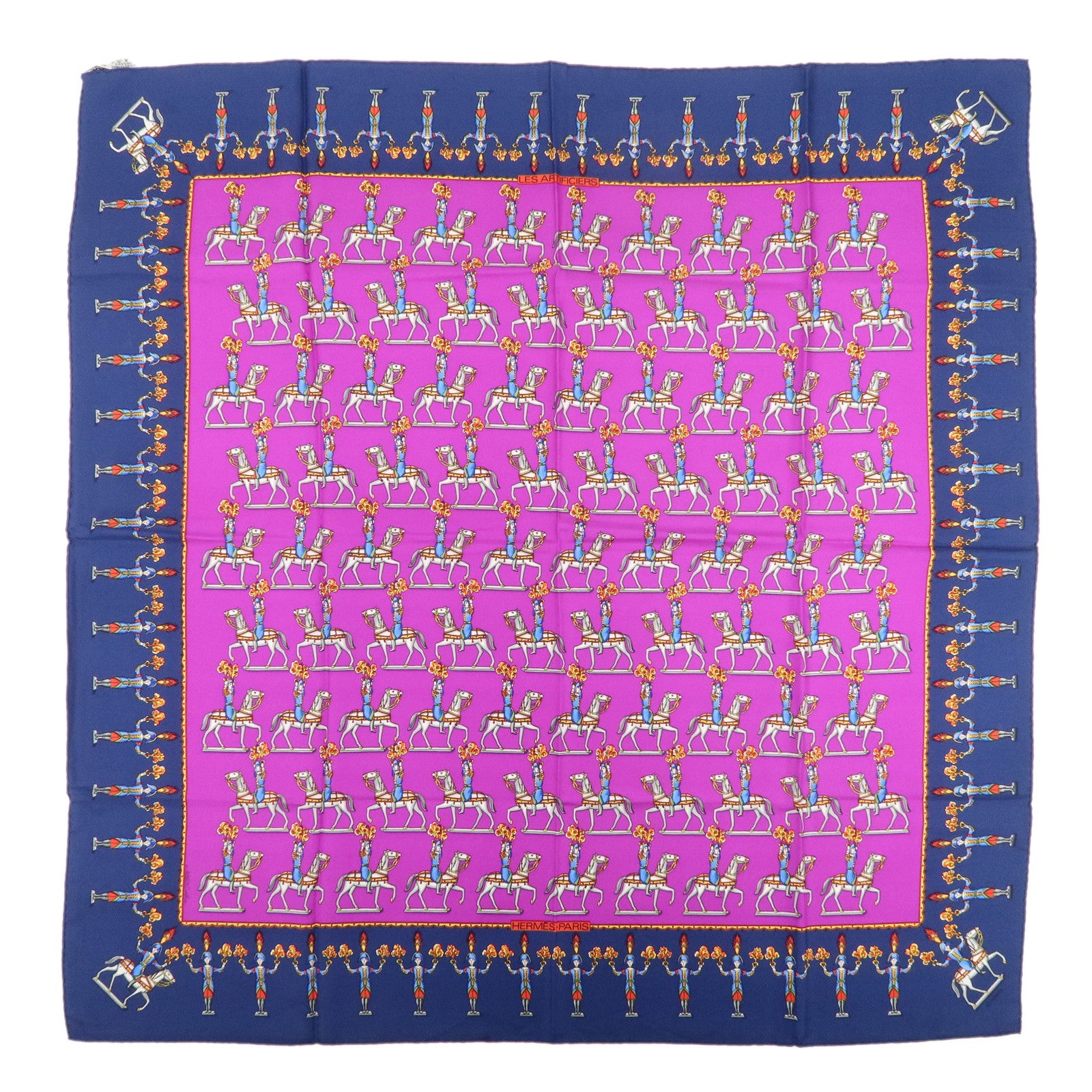 HERMES Carre 90 Silk 100% Scarf Les Artificiers Navy Purple