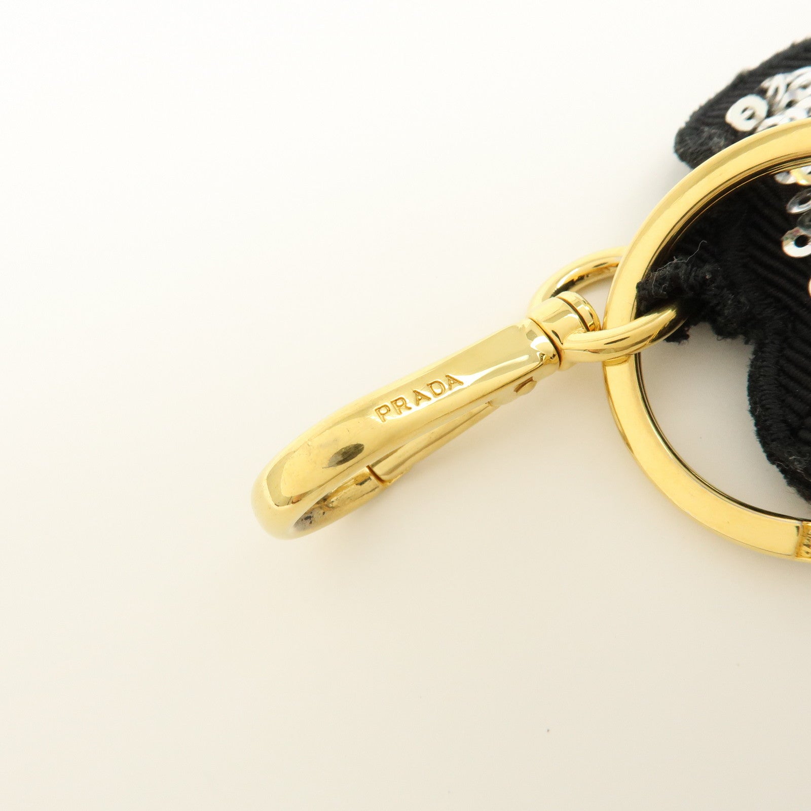 PRADA Bear Motif Canvas Sequins Bag Charm Key Holder Black Silver