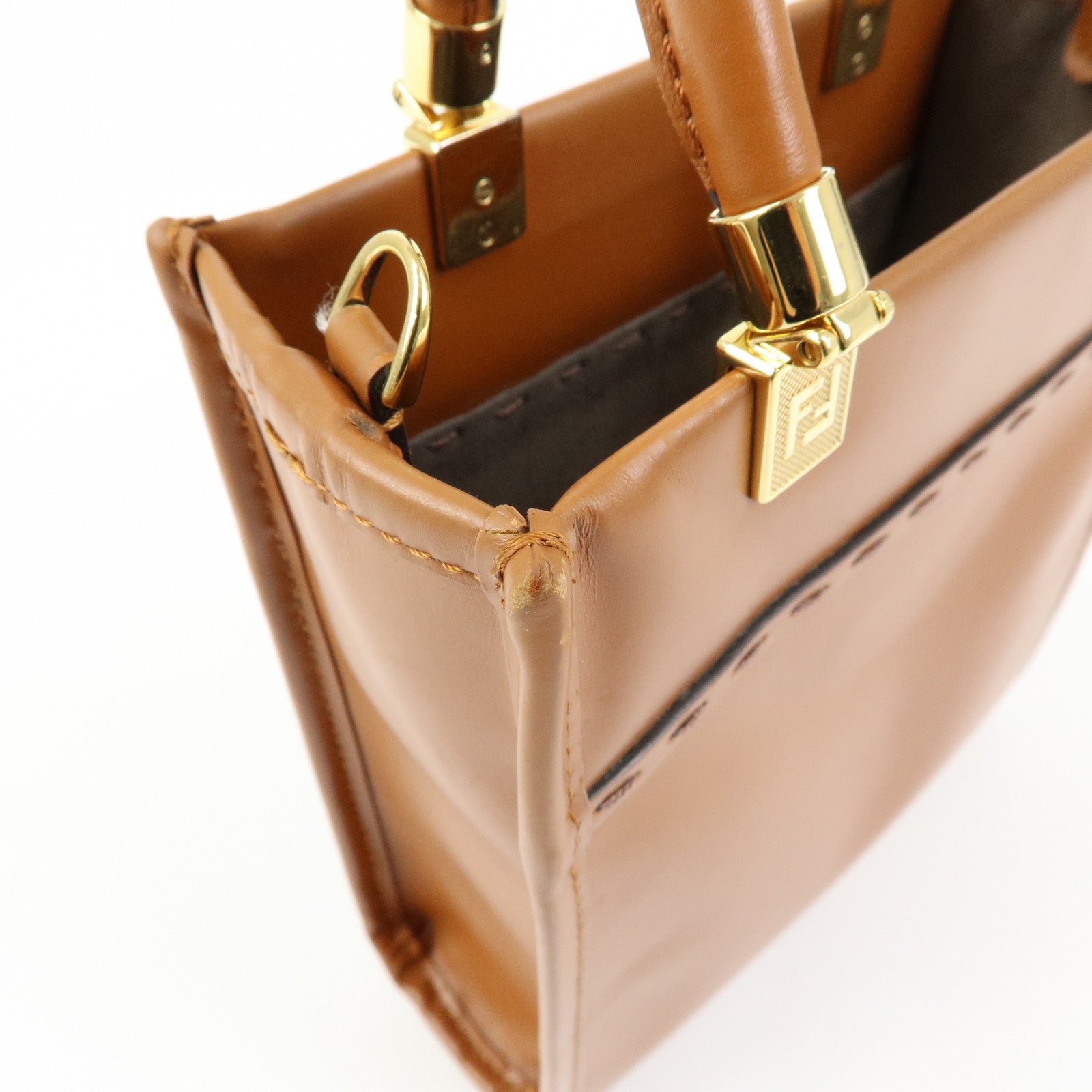 FENDI Leather Sunshine Shopper Small 2Way Hand Bag Brown 8BS092