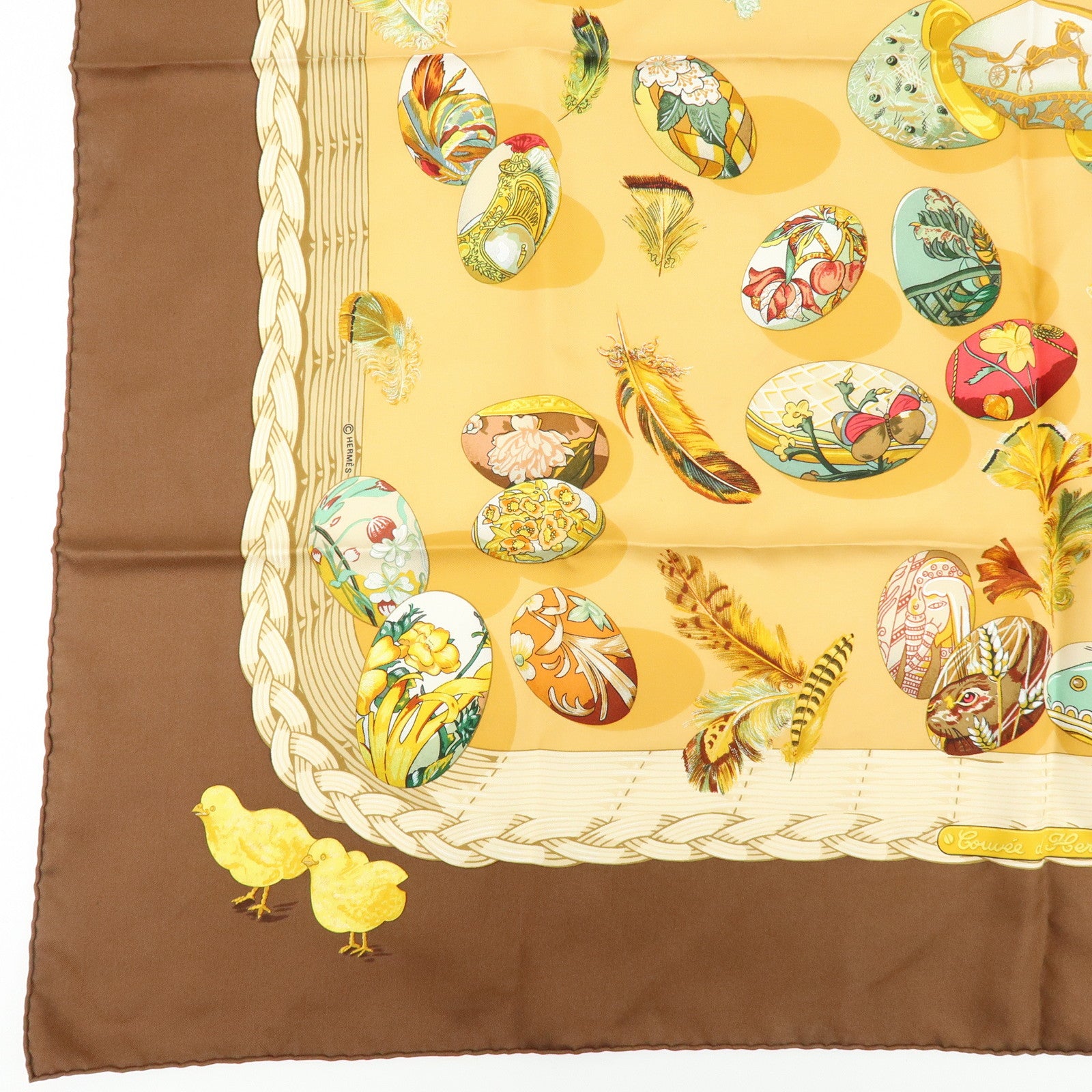 HERMES Carre 90 Silk 100% Scarf COUVEE D HERMES Brown Yellow