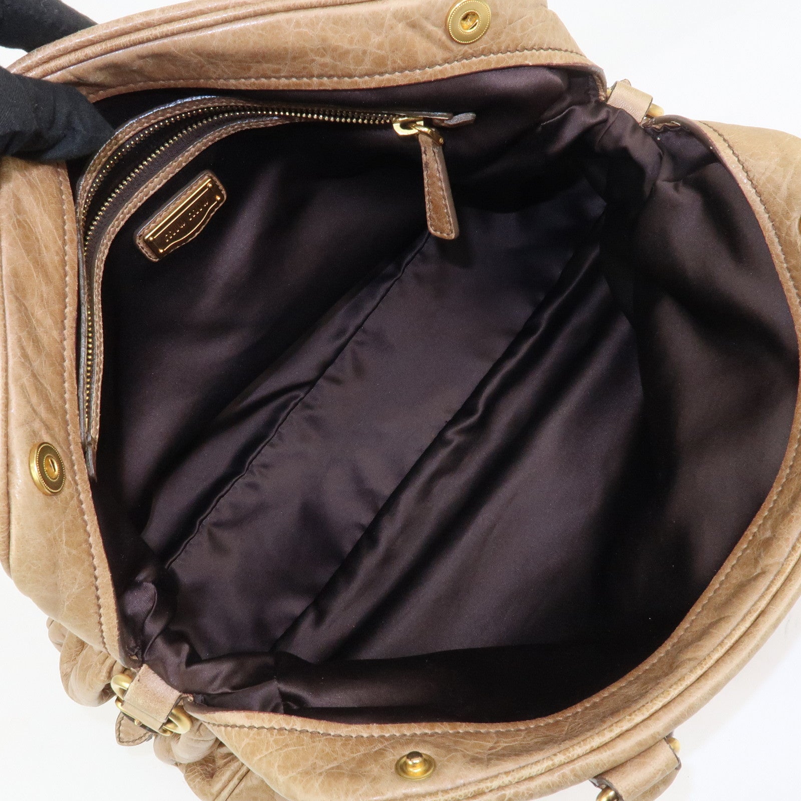 MIU MIU Logo Leather Hand Bag Boston Bag Light Brown