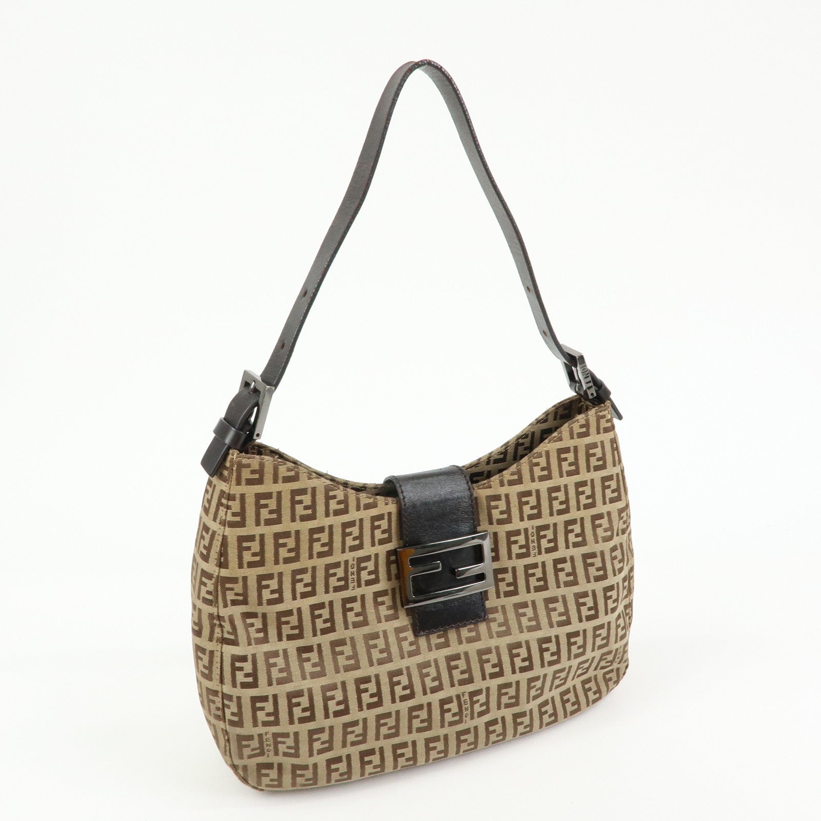 FENDI Zucchino Canvas Leather Shoulder Bag Brown 8BR036