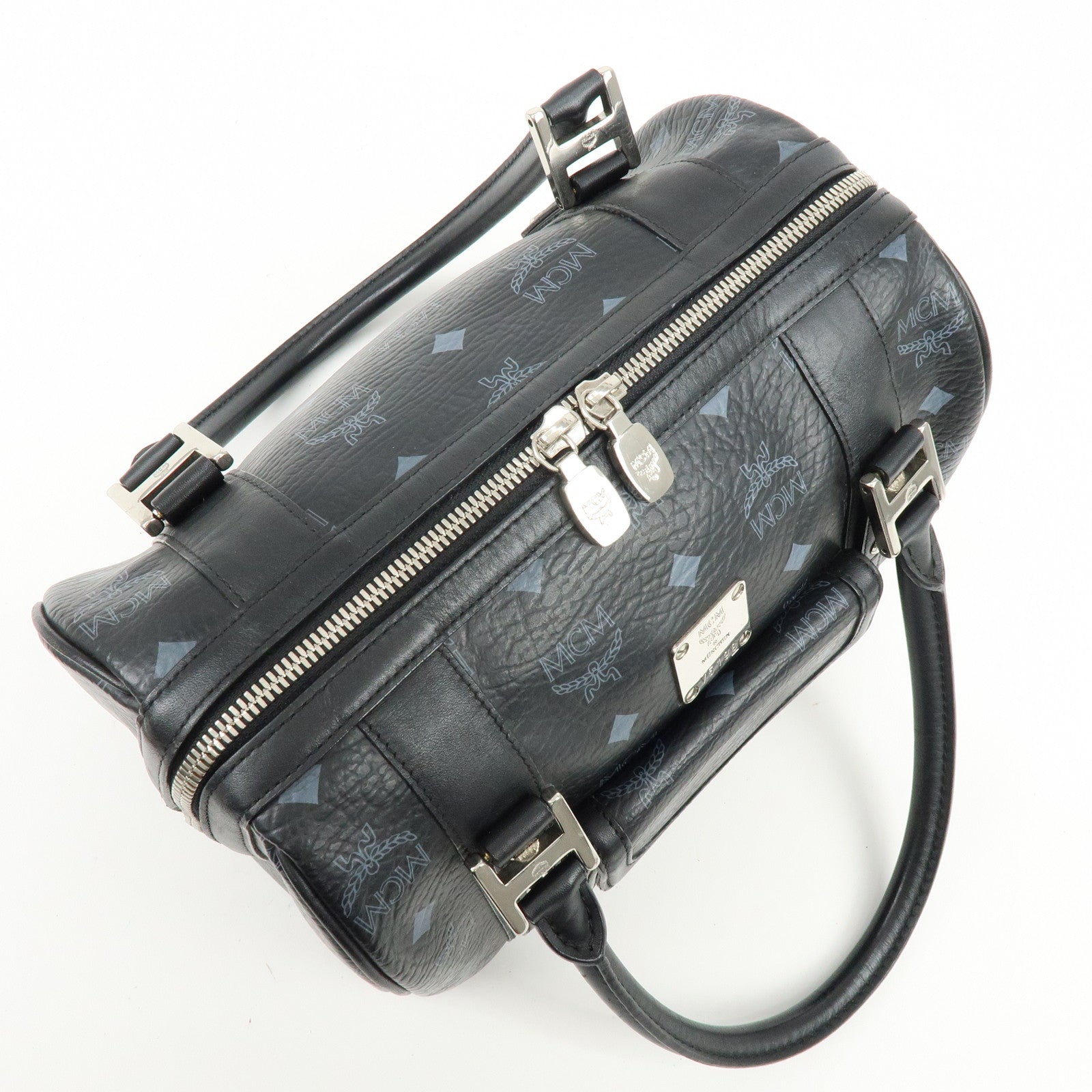 MCM Visetos PVC Leather Boston Bag Hand Bag Black